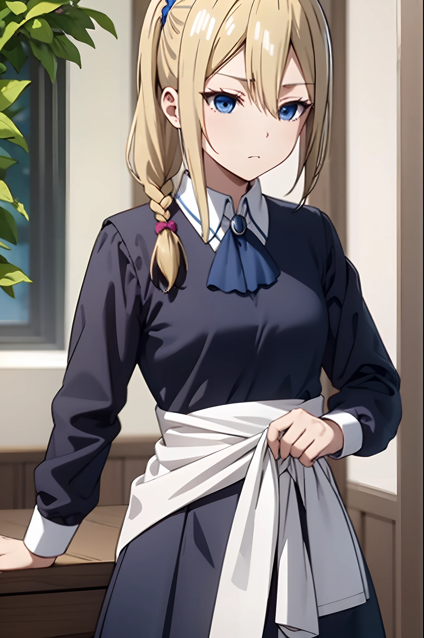 blonde hair, blue eyes, side ponytail, scrunchie blonde hair, blue eyes, long hair, single braid serafuku, sailor collar, dark blue skirt maid, long sleeves, black vest, white apron, ascot school uniform, cardigan around waist