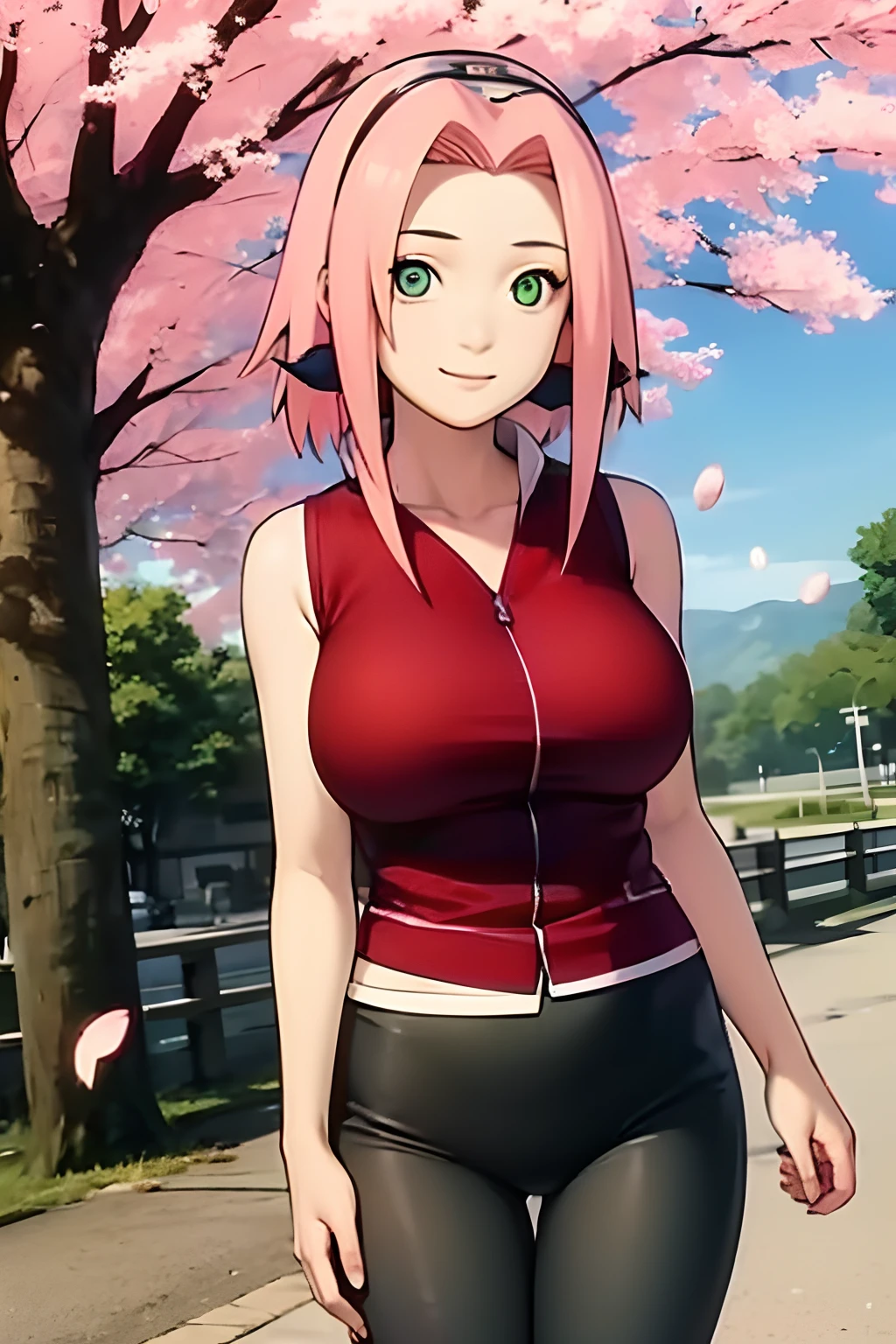 tmasterpiece， Best quality at best， 1girll， Sakura Haruno， Large breasts, smile，with pink hair， long whitr hair， （Green eyeballs:1.4)， Forehead protection， the cherry trees，Cherry blossoms flying，Red clothes，tight half pants, wallpaper, thighs