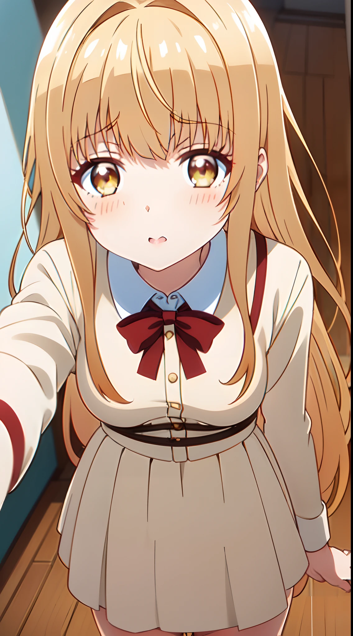 (The beauty of one beautiful girl、Shiina Mahiru、１８years old、Brown-eyed(High resolution eyes、Beautiful eyes、Light in the eyes)、super high precision、hiquality、top-quality、animesque、2D、Blonde long hair、Align your bangs、Fine-grained skin、Red cheeks、Red ears、Beautiful small breasts)、1 representative、directly in front、(Pubic streak enhancement)、red blush、(Seductive thighs:1.0)、fair white skin、Seduction Pose、Wearing a white dress、