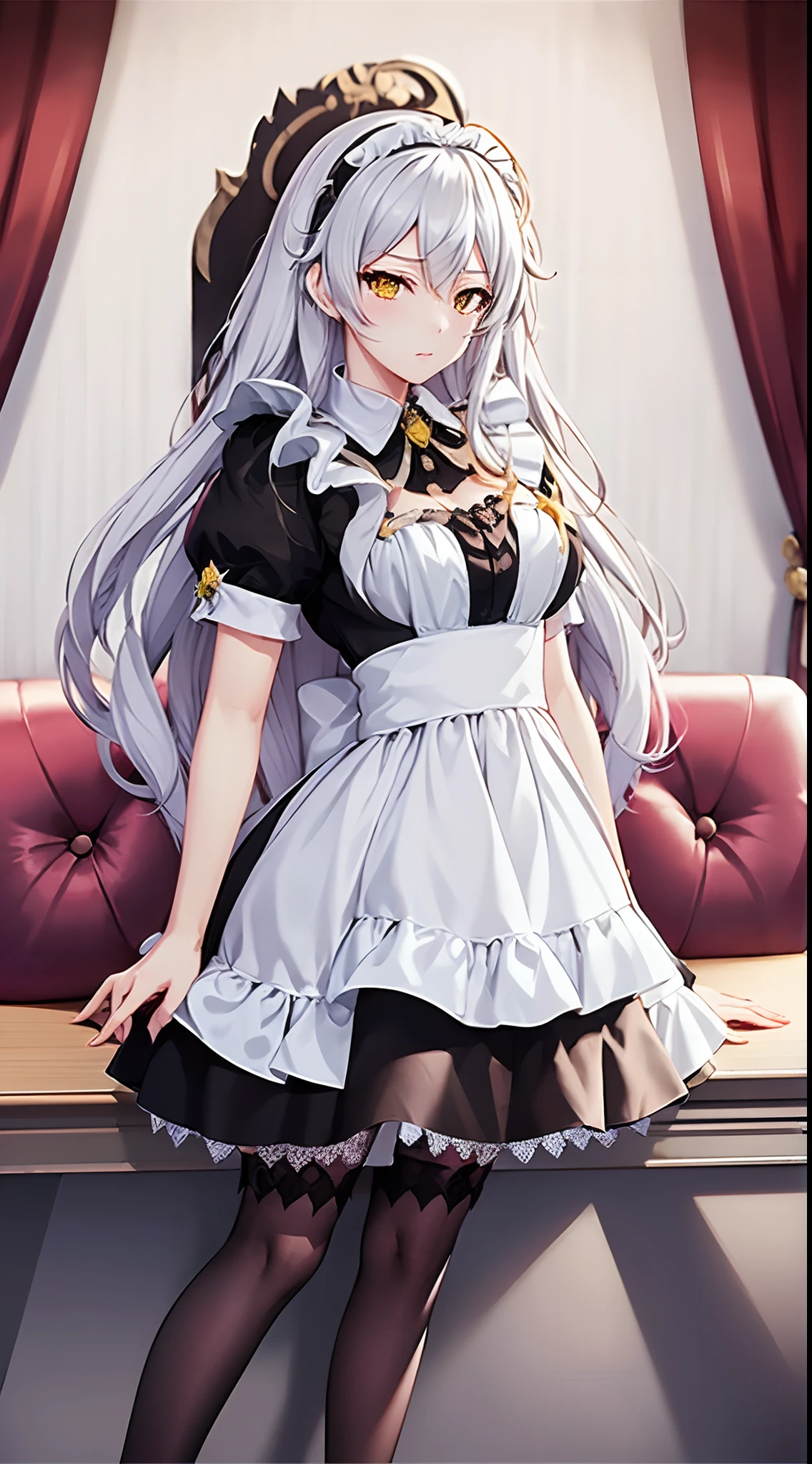 (best quality,8k,masterpiece:1.2,hq),Honkai Impact,art,Kiana Kaslana,long white hair,fur,gold eyes,sexy,maid attire,black pantyhose,high heels,posing,portraits,vivid colors,soft lighting