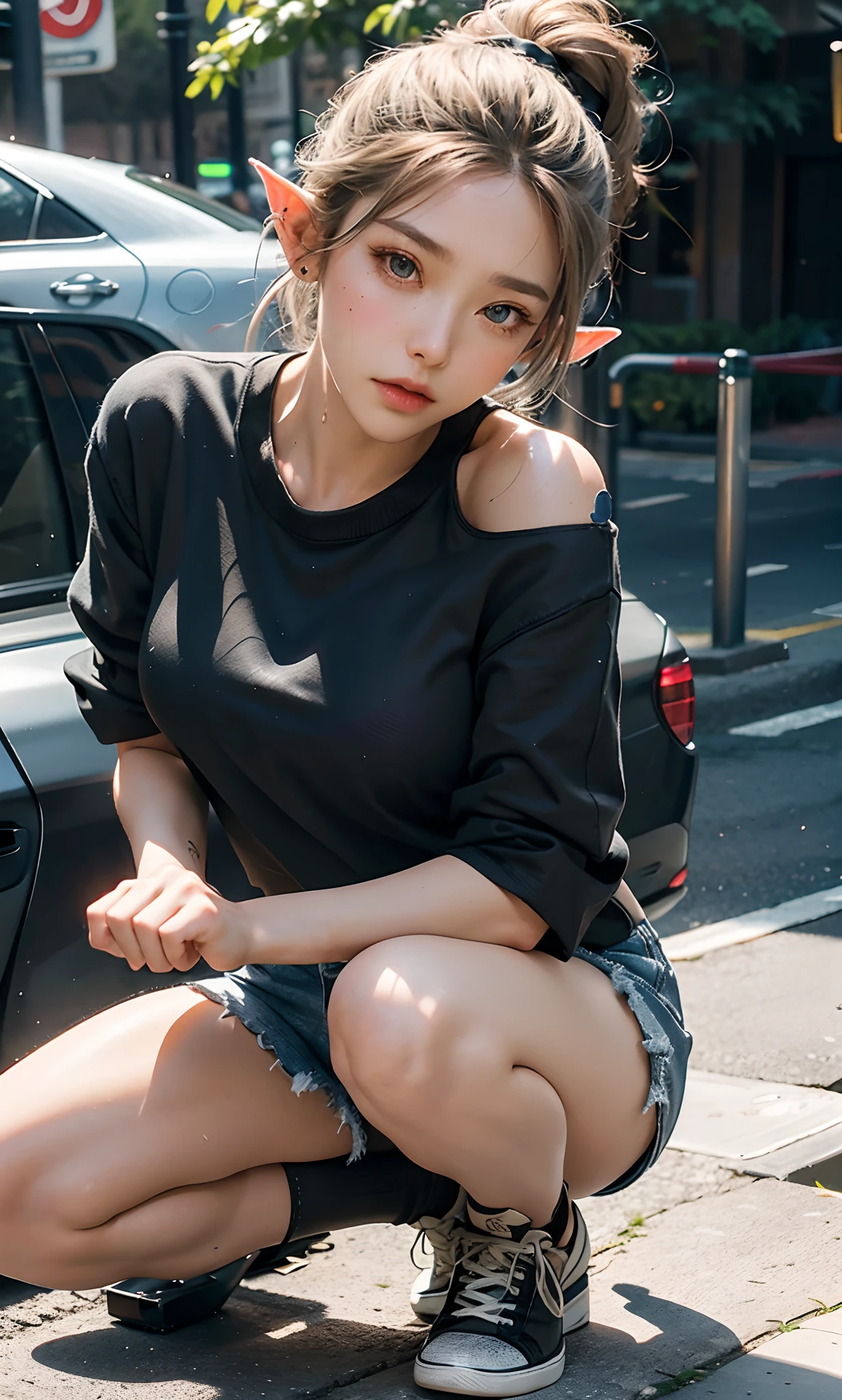 (raining day:1 silver-haired girl, Girl), tmasterpiece, best qualtiy, RAW photogr, realisticlying, the face, Incredibly Ridiculous res, Beautiful elf beauty,(Elf pointed ears),ear studs,Get wet all over, (Champagne-colored ultra-short hair,Half-tied ponytail), Sweatshirt,tiese,Half-leg jeans,Kneeling pose,(Short black socks,Short black socks,Low-top canvas shoes),depth of fields, A high resolution, ultra - detailed, filigree, RAWE is very detailed, very detailed eyes and faces, Sharp pupils, realistic pupil, tack sharp focus, cinmatic lighting,full bodyesbian,Bigboobs,long leges,From the front side,Main street on a rainy day,dynamicposes,(Extremely normal body:2.0)