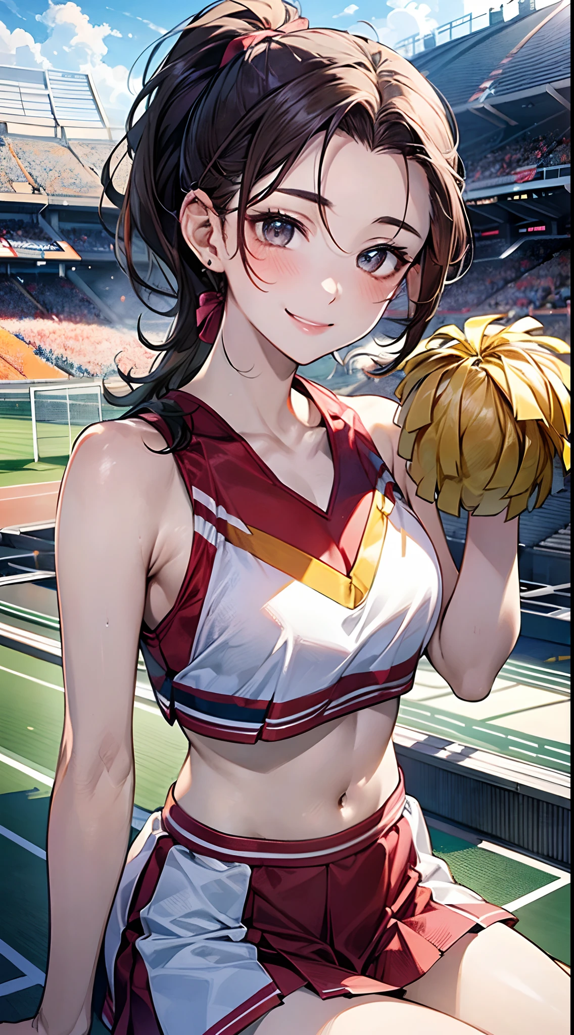 1 girl, japanese, 14 years old, white skin, medium chest, underboob, watching the view, (adorable smiling:1.5),
beautiful detailed eyes, wink, (middle hair:1.4, hair slicked back, sport ponytail:1.7), (navel:1.1), brown hair, beautiful clavicle,
(current cheerleader style:1.5), sitting, holding drink,
(beautiful scenery), day time, (stadium:1.5),
(8k, top-quality, masterpiece), beautiful illustration, cowboy shot,
