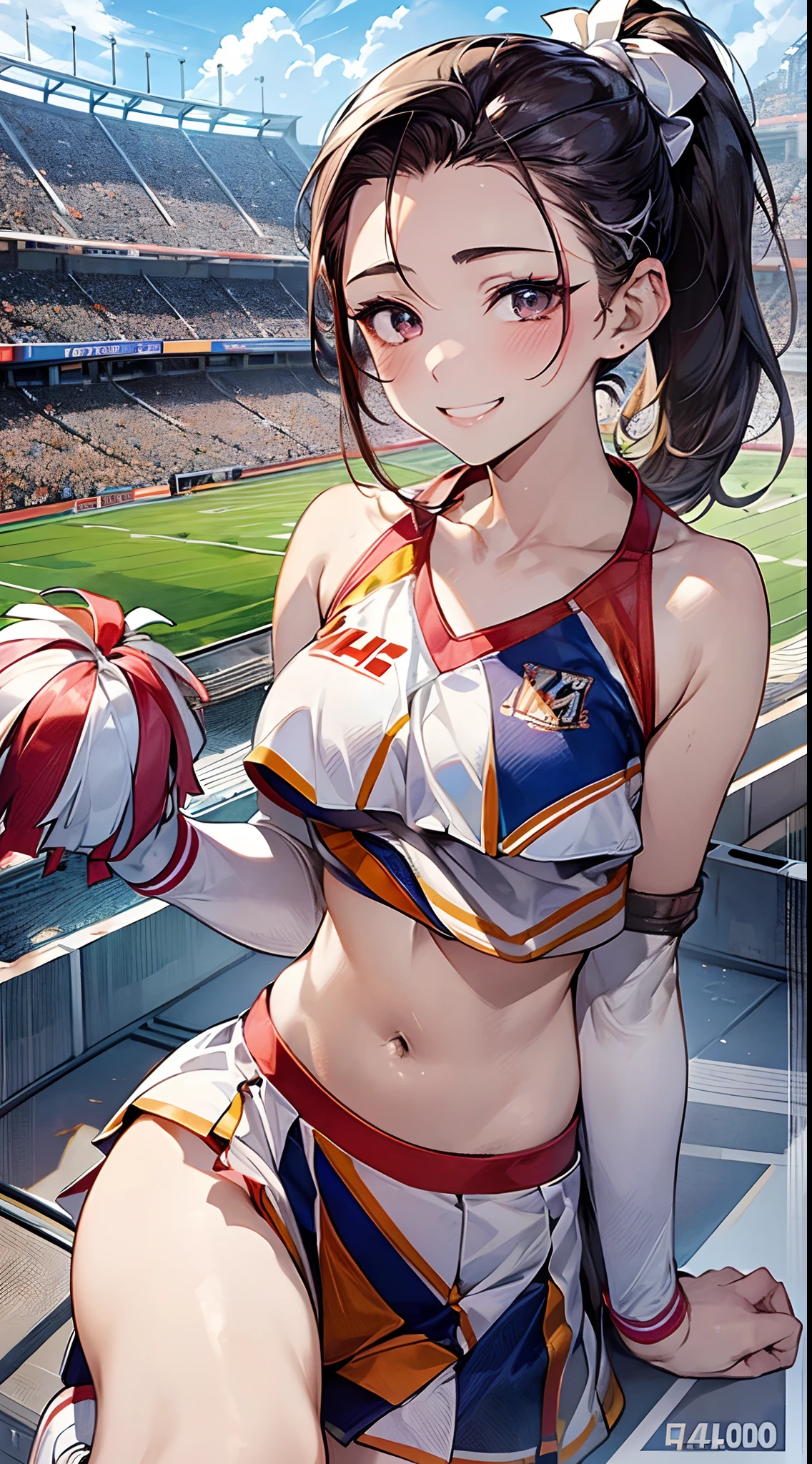 1 girl, japanese, 14 years old, white skin, medium chest, underboob, watching the view, (adorable smiling:1.5), 
beautiful detailed eyes, wink, (middle hair:1.4, hair slicked back, sport ponytail:1.7), (navel:1.1), brown hair, beautiful clavicle,
(current cheerleader style:1.5), sitting, holding drink,
(beautiful scenery), day time, (stadium:1.5), 
(8k, top-quality, masterpiece​), beautiful illustration, cowboy shot,