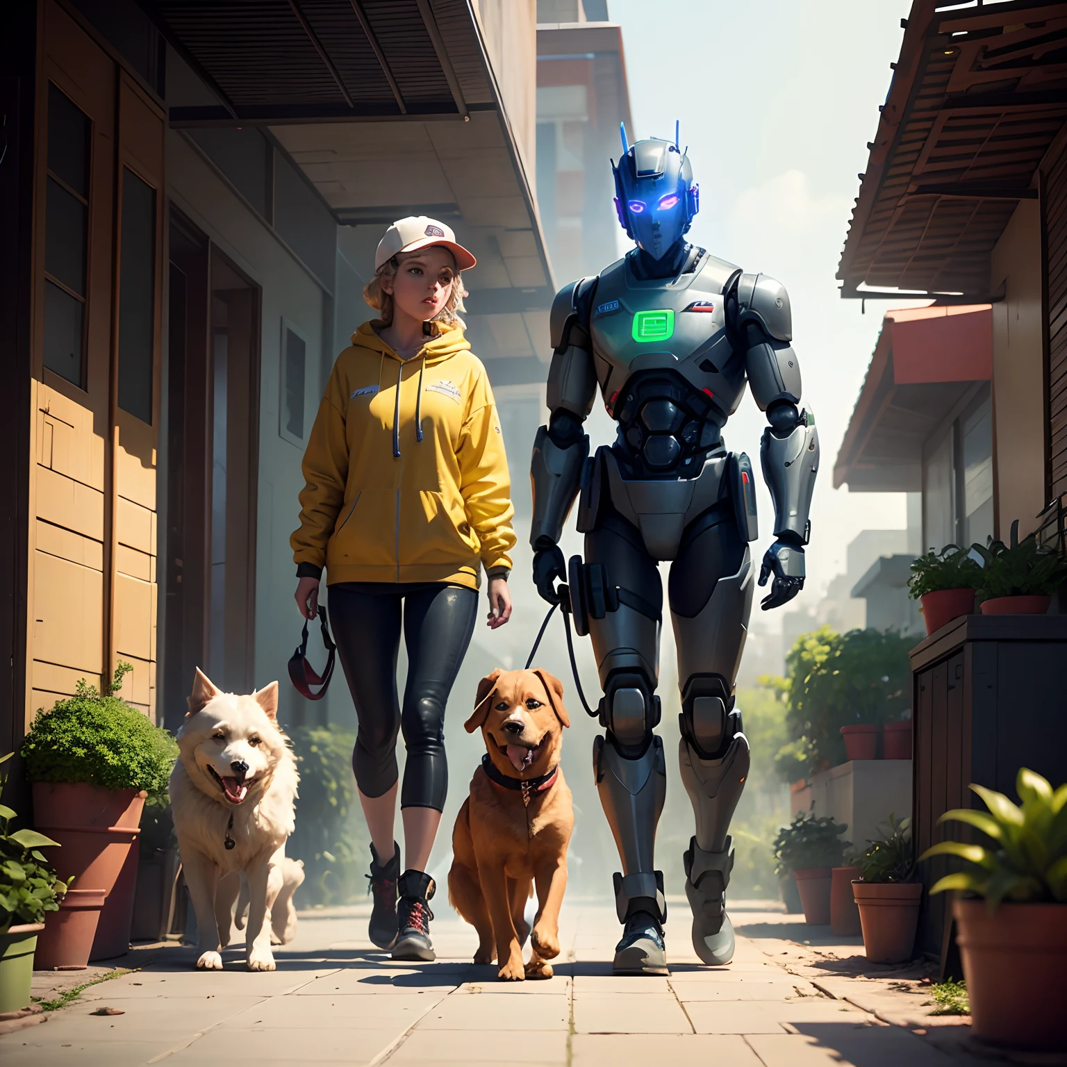 Generates a high-quality dystopian comedy movie movie movie shows a robot talking to a person who is a gardener in the background a dog Golden plays with a robot dog,Neon Style, digital art