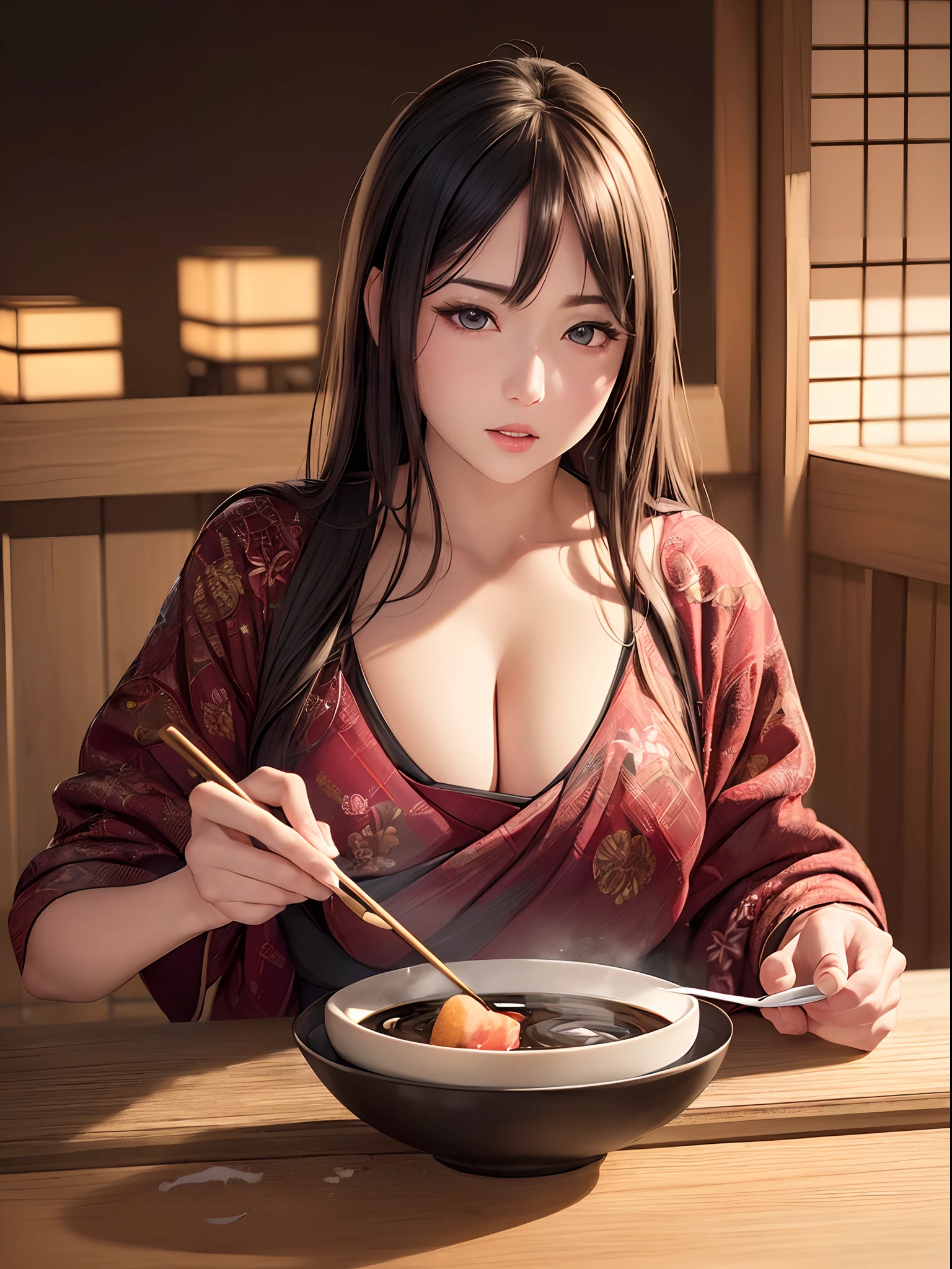 (A hyper-realistic), (Illustration), (High resolution), (8K), (Very detailed), (Best Illustration), (Beautiful and detailed eyes), (Best Quality), (ultra-detailliert), (​master piece),Beautiful woman eating Japan oden,heavy sweater、izakaya、