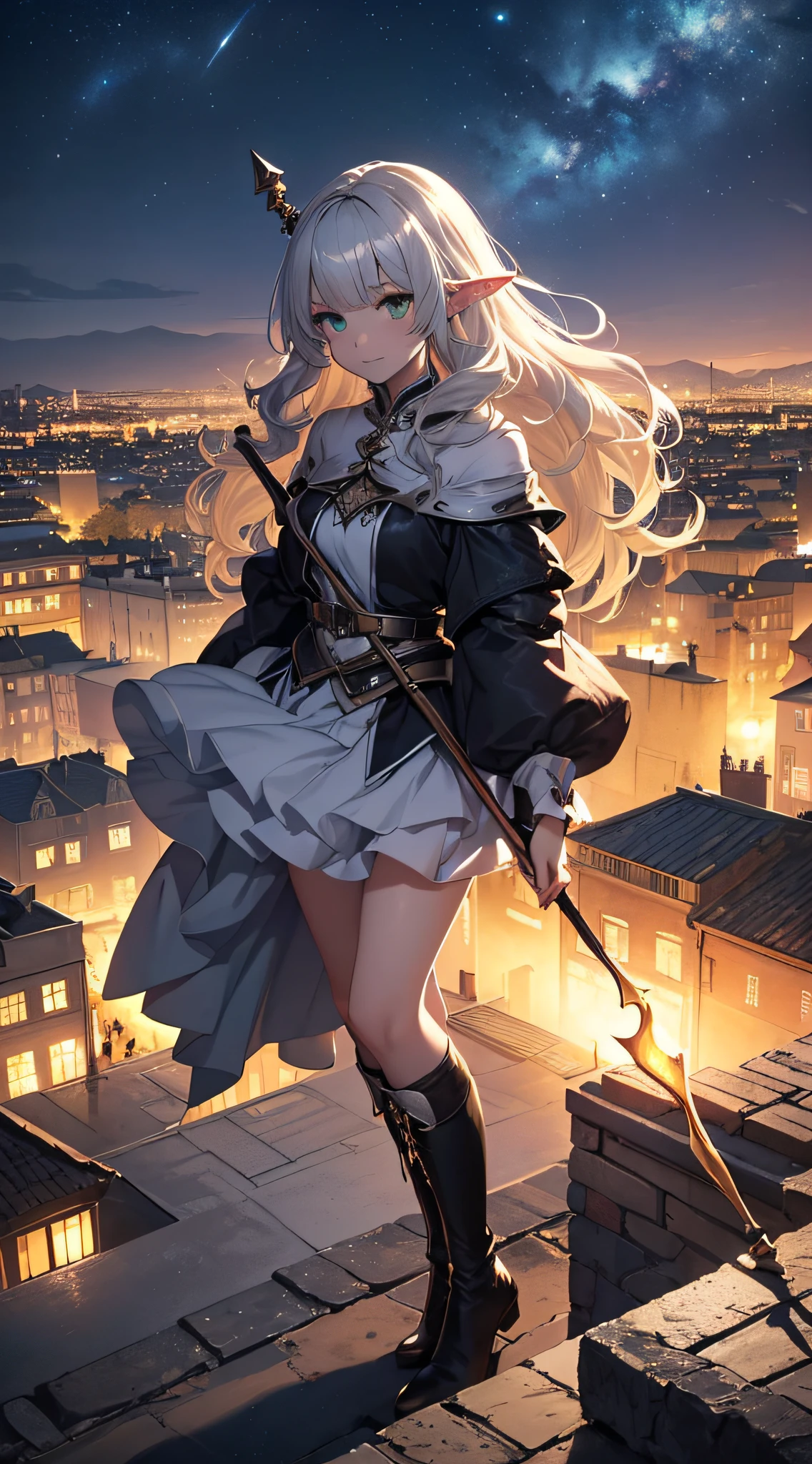 (Official art、Best Quality、Unity 8k Wallpapers、32K、masterpiece、ultra-detailliert、超A high resolution、realisitic、Photorealsitic:1.2)、(Cinematic lighting:1.2)、Fireglow effect、film grains、Best Shadows、Rim lighting、side lights、sideshot、(Ultra-detailed and complex 3D rendering)、Detailed beautiful face and eyes、Sharp pupils、Realistic pupils、A slender、1Man Woman、Medium bust、(Full body:1.2)、 beauitful face、-yeld beiful girl、(super detailed skin、detailed skin textures:1.3)、(platinum-blonde、Silver hair:1.3)、waved hair、Blunt bangs、green colored eyes、elf-ears、magical girl costume、A slender、white shirt、Costumes with frills、frills skirt、knee sox、(thighs thighs thighs thighs:0.8)、Black boots、(Fantastic and beautiful night sky、Medieval city at night、On the roof:1.2)、(Human soul in the night sky、Fantastical:1.3)、(carrying a magical staff:1.3)、(Looking away、overlooking a city:1.3)、Fantastical、Gentle smile、I opened my mouth a little、