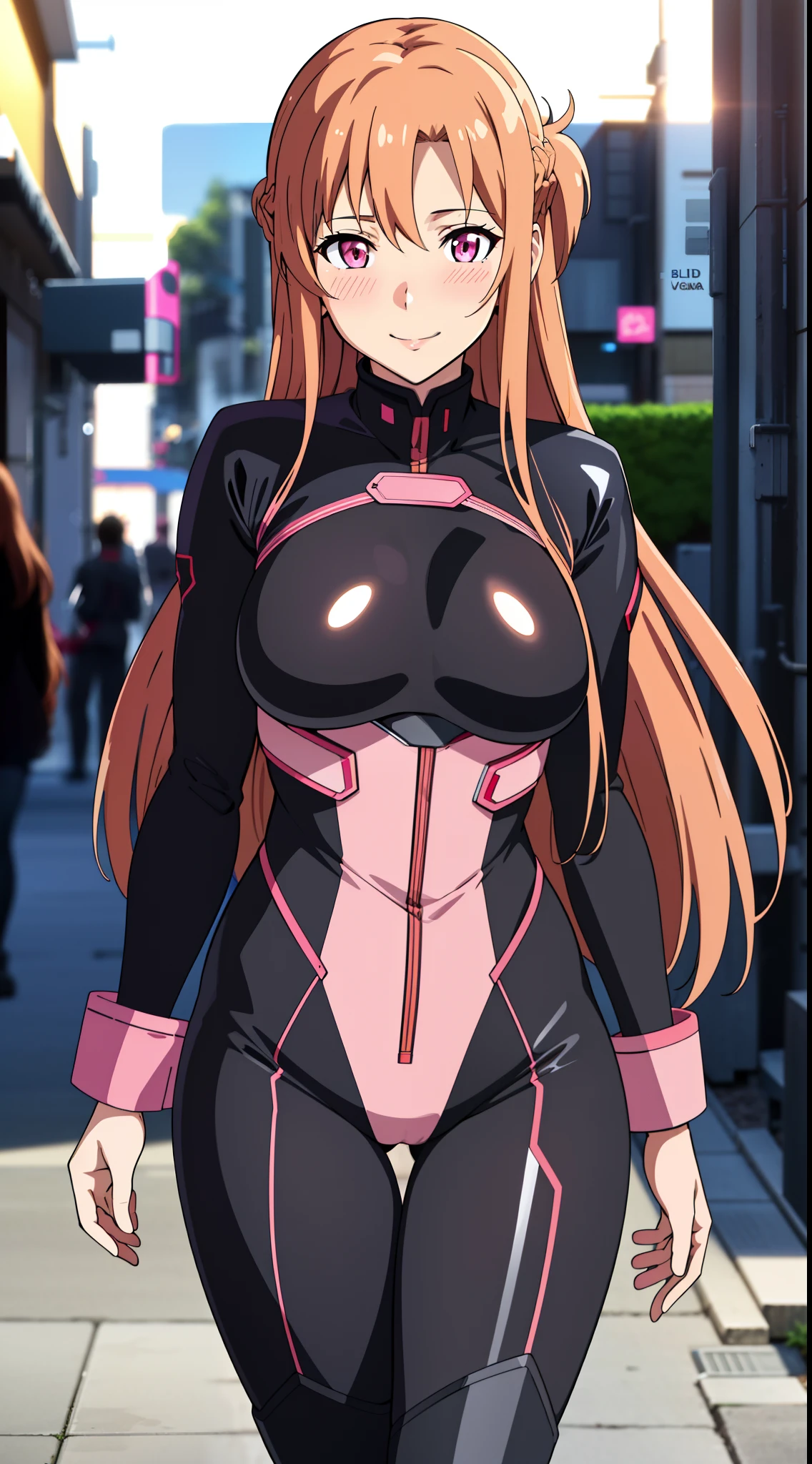 (best quality:1.5, highres, UHD, 4K, detailed lighting, shaders), asuna yuuki, light brown long hair, large breasts, black tight bodysuit, sexy, standing, smiling, street background, pink eyes, (pov, close shot, blushing)