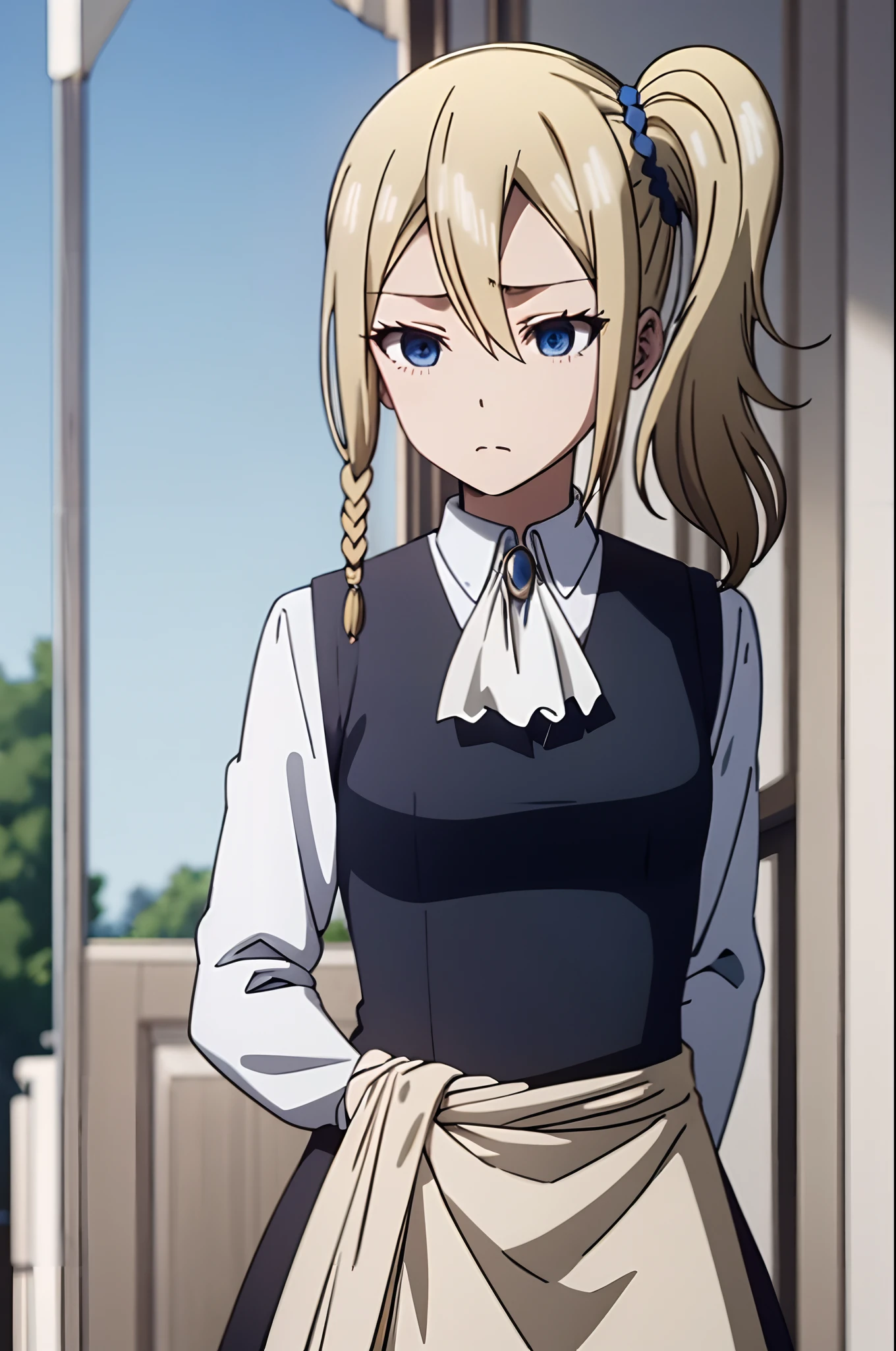 blonde hair, blue eyes, side ponytail, scrunchie
blonde hair, blue eyes, long hair, single braid
serafuku, sailor collar, dark blue skirt
maid, long sleeves, black vest, (white apron:1.2), ascot
school uniform, cardigan around waist