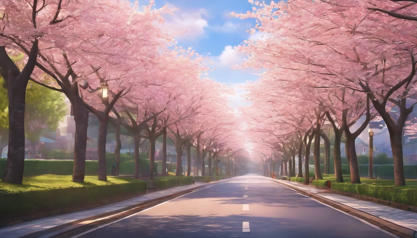 (early morning,calm,anime:1.2),tokyo,clouds,pavement,road,cherry blossom,trees,windy, no cars,soft colors,diffuse light