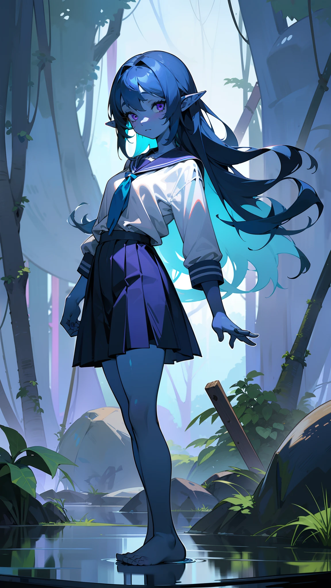 1water spirit girl,20s,solo,(colored skin, blue skin:1.2),shy face,white school shirt,black school skirt,small tits,blue hair,long hair,purple eyes,pointy ears,bare feet,standing in front of a forest,detailed face,masterpiece,hd,best quality,8k