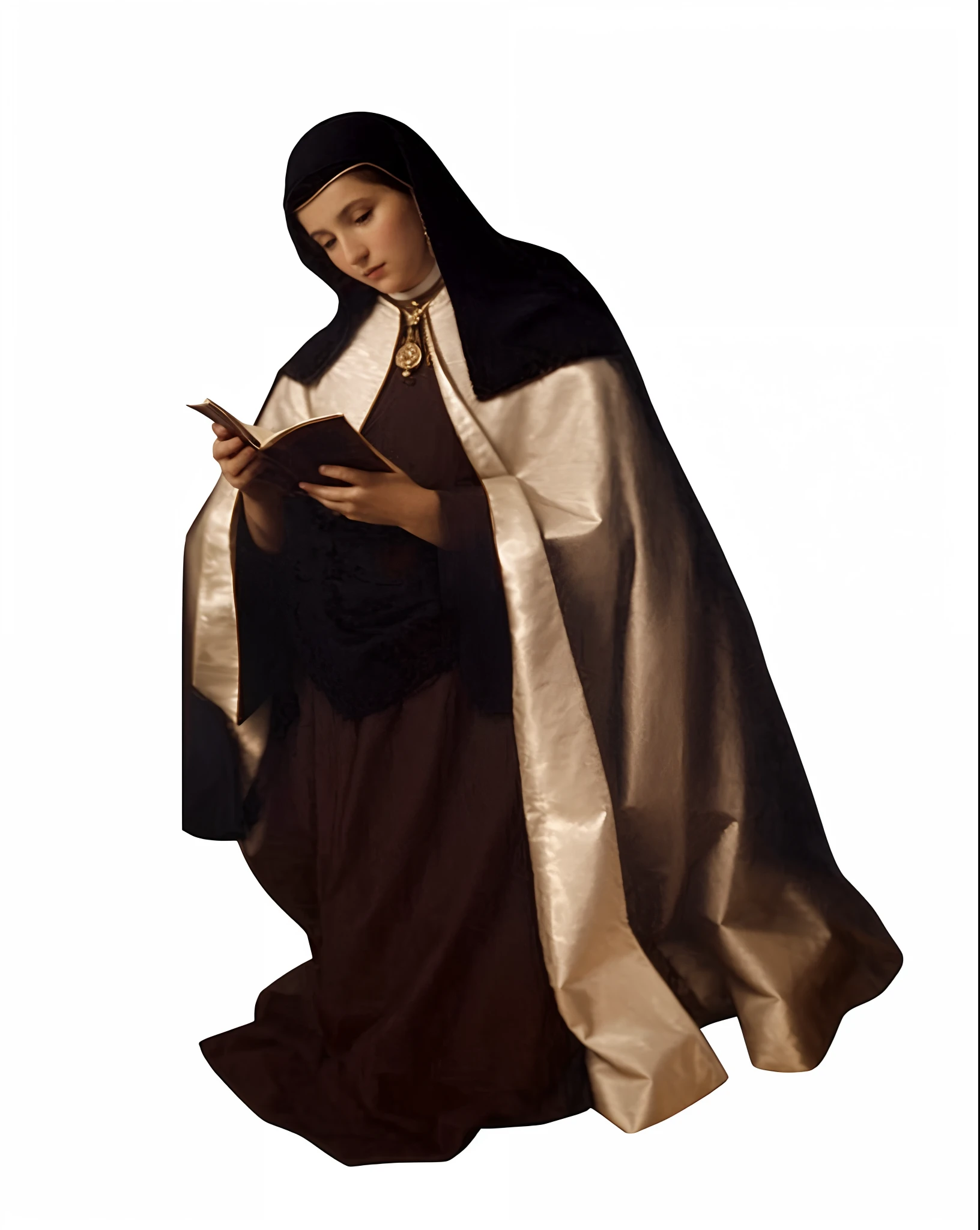 um close up de uma mulher segurando um livro, Directed by: Francisco de Zurbarán, Francisco de Zurbaran, majestosa mulher de santo, agora, Zurbaran, Bem Modelo de Moda, santo, Retrato gracioso santo, Retrato de Hildegard von Bingen, inspired by Francisco de Zurbarán, santa mulher, modelo de moda freira, Filmes 35mm, cinemactic, cores esmaecidas, tiro escuro, cores silenciadas, filme granulado, lute, detalhes insanos, detalhes intrincados, hiperdetalhado, 4k