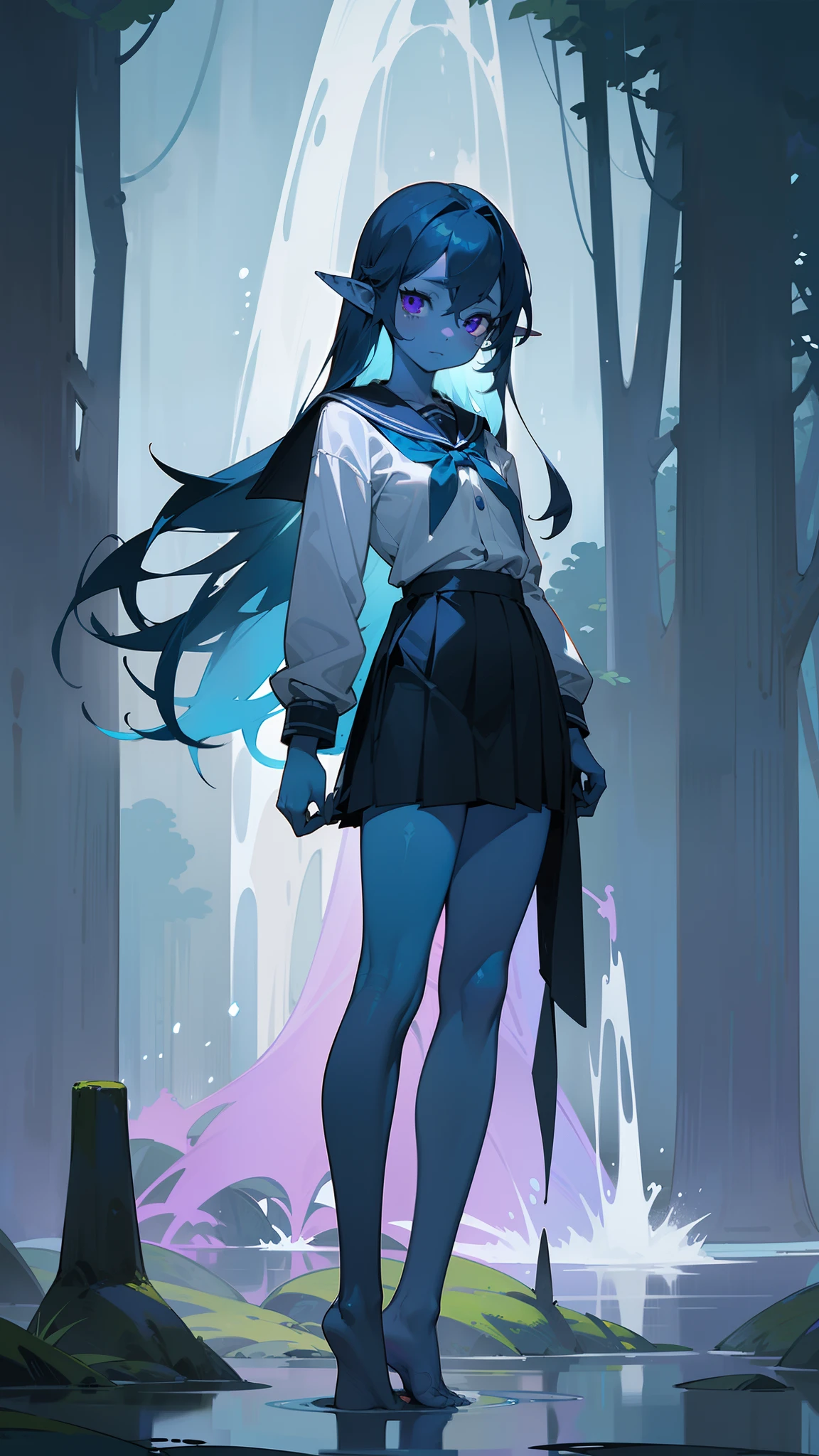 1water spirit girl,20s,solo,(colored skin, blue skin:1.2),shy face,white school shirt,black school skirt,small tits,blue hair,long hair,purple eyes,pointy ears,bare feet,standing in front of a forest,detailed face,masterpiece,hd,best quality,8k