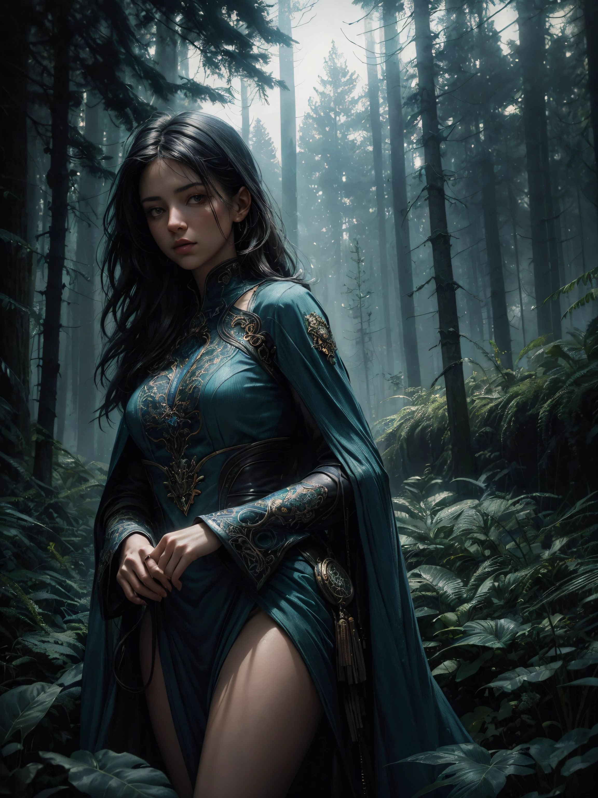 Full body, epic realistic, (dark shot:1.4), 80mm, Create a portrait of a woman with long dark hair. She has a mysterious expression, gazing at the viewer with a slight tilt of her head. She is elegantly dressed, The background features a forest of blue, impressionistic leaves, with an eerie white light shining through and a gradient shadow on the top part of the woman's face. Use a backlighting effect to add depth to the image, blue palette, wider show with more background and forest, (natural skin texture, hyperrealism, soft light, sharp:1.2), soft light, sharp, exposure blend, medium shot, bokeh, (hdr:1.4), high contrast, (cinematic, teal and orange:0.85), (muted colors, dim colors, soothing tones:1.3), low saturation, (hyperdetailed:1.2), (noir:0.4), (intricate details:1.12), hdr, (intricate details, hyperdetailed:1.15), faded, (neutral colors:1.2), art, (hdr:1.5), (muted colors:1.1), (pastel:0.2), hyperdetailed, (artstation:1.4), warm lights, dramatic light, (intricate details:1.2), vignette, complex background,