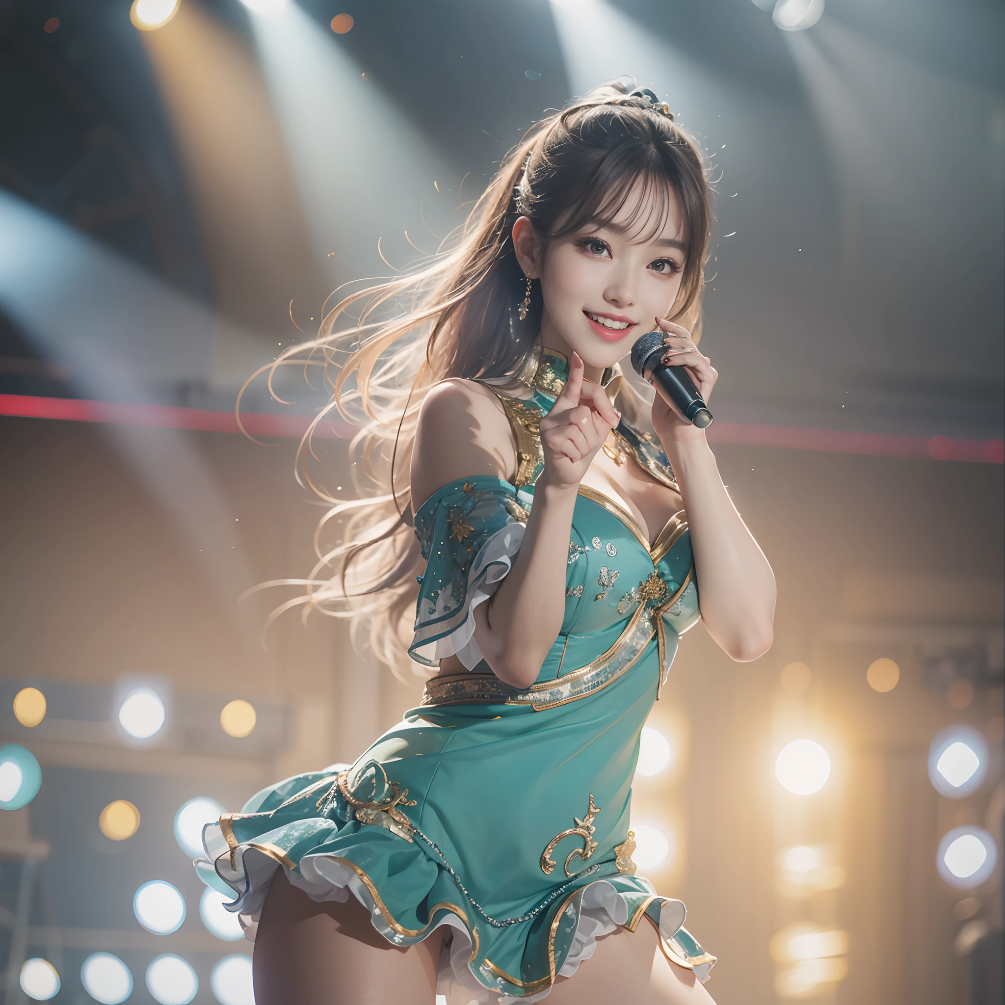 8k, highest quality, high resolution, realistic, real person, live stage with a large audience, one girl, young and cute korean idol, ((KARA)), big, long and beautiful legs, dancing violently in various poses while smiling on stage, holding microphone in hand, revealing gorgeous costume, beautiful light up