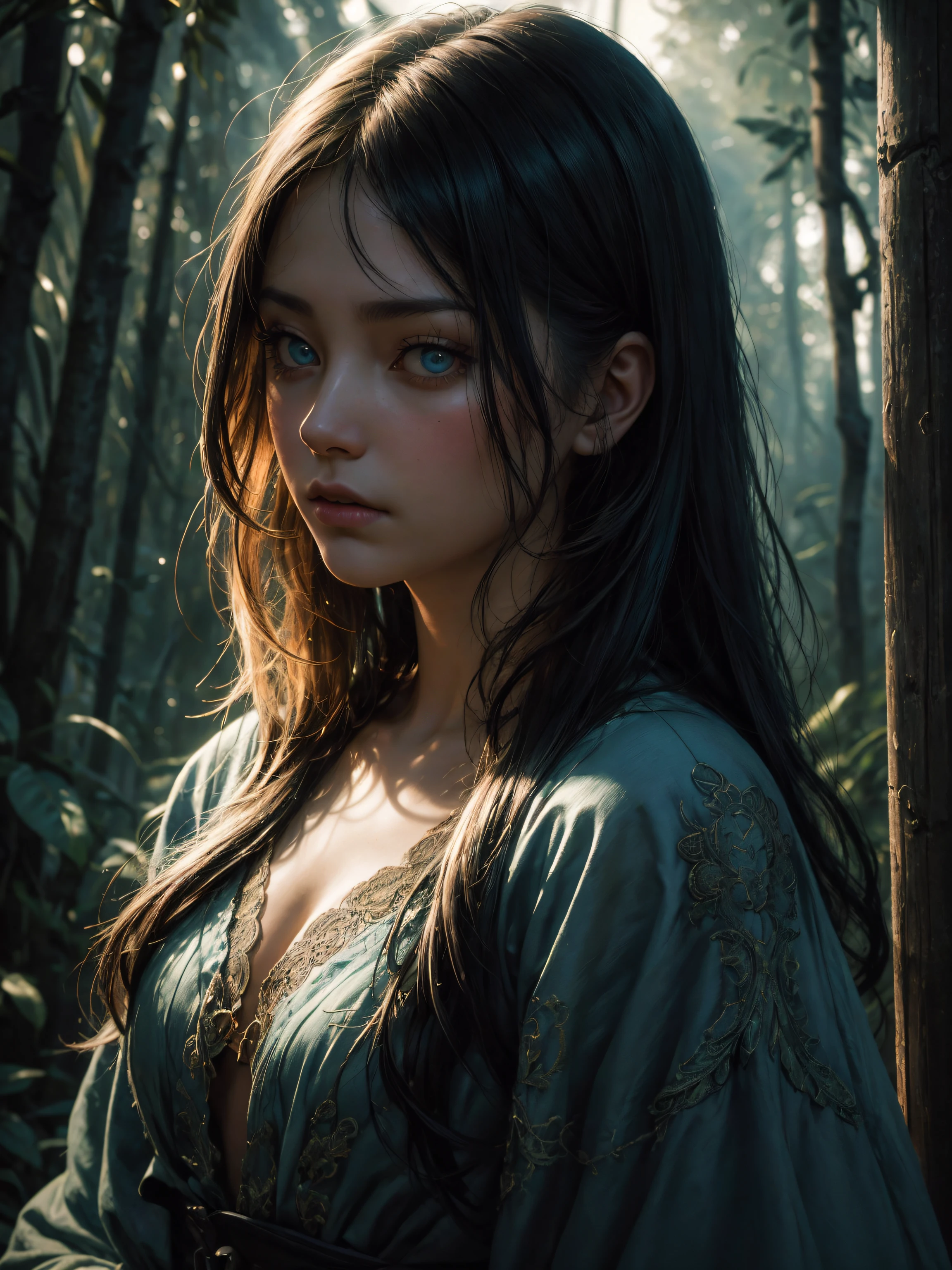 Full body, epic realistic, (dark shot:1.4), 80mm, Create a portrait of a woman with long dark hair. She has a mysterious expression, gazing at the viewer with a slight tilt of her head. She is elegantly dressed, The background features a forest of blue, impressionistic leaves, with an eerie white light shining through and a gradient shadow on the top part of the woman's face. Use a backlighting effect to add depth to the image, blue palette, wider show with more background and forest, (natural skin texture, hyperrealism, soft light, sharp:1.2), soft light, sharp, exposure blend, medium shot, bokeh, (hdr:1.4), high contrast, (cinematic, teal and orange:0.85), (muted colors, dim colors, soothing tones:1.3), low saturation, (hyperdetailed:1.2), (noir:0.4), (intricate details:1.12), hdr, (intricate details, hyperdetailed:1.15), faded, (neutral colors:1.2), art, (hdr:1.5), (muted colors:1.1), (pastel:0.2), hyperdetailed, (artstation:1.4), warm lights, dramatic light, (intricate details:1.2), vignette, complex background,