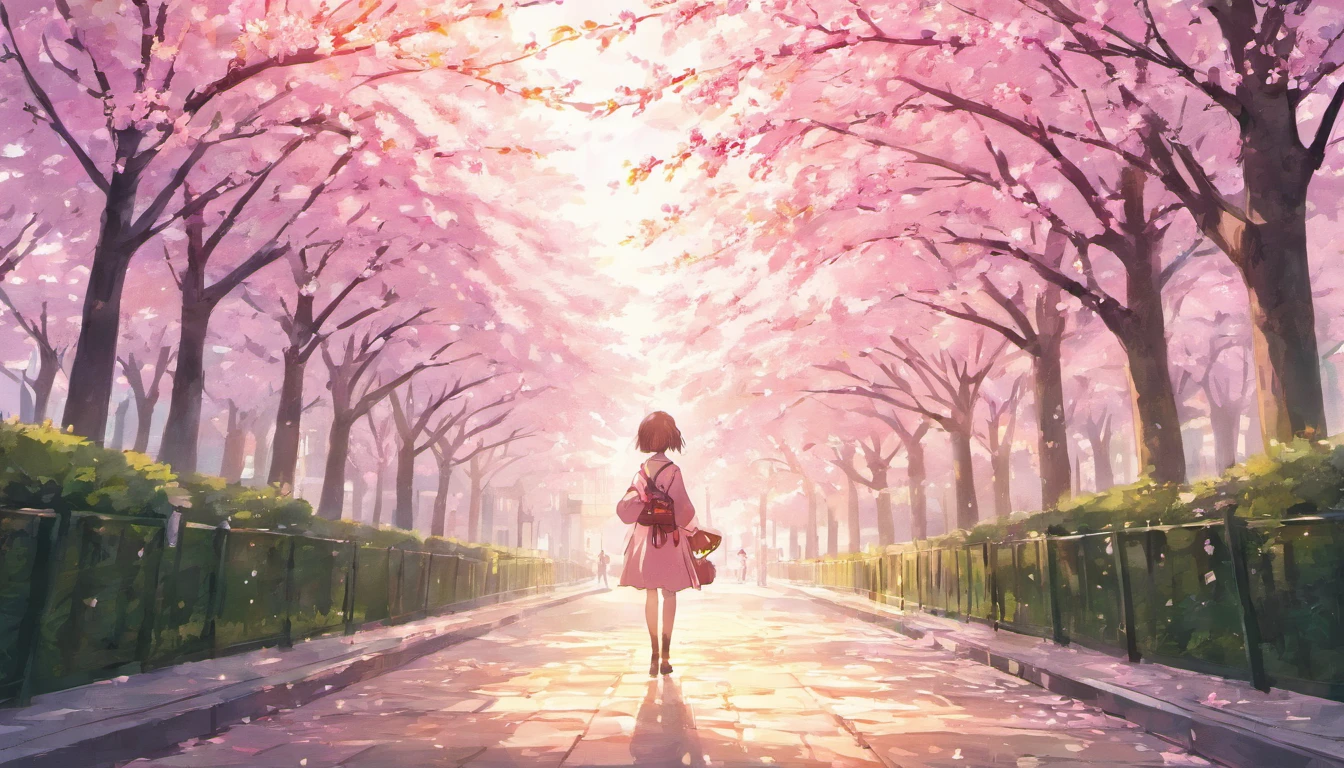 (early morning,calm,anime:1.2),tokyo,clouds,pavement,road,cherry blossom,trees,windy, no cars,soft colors,diffuse light