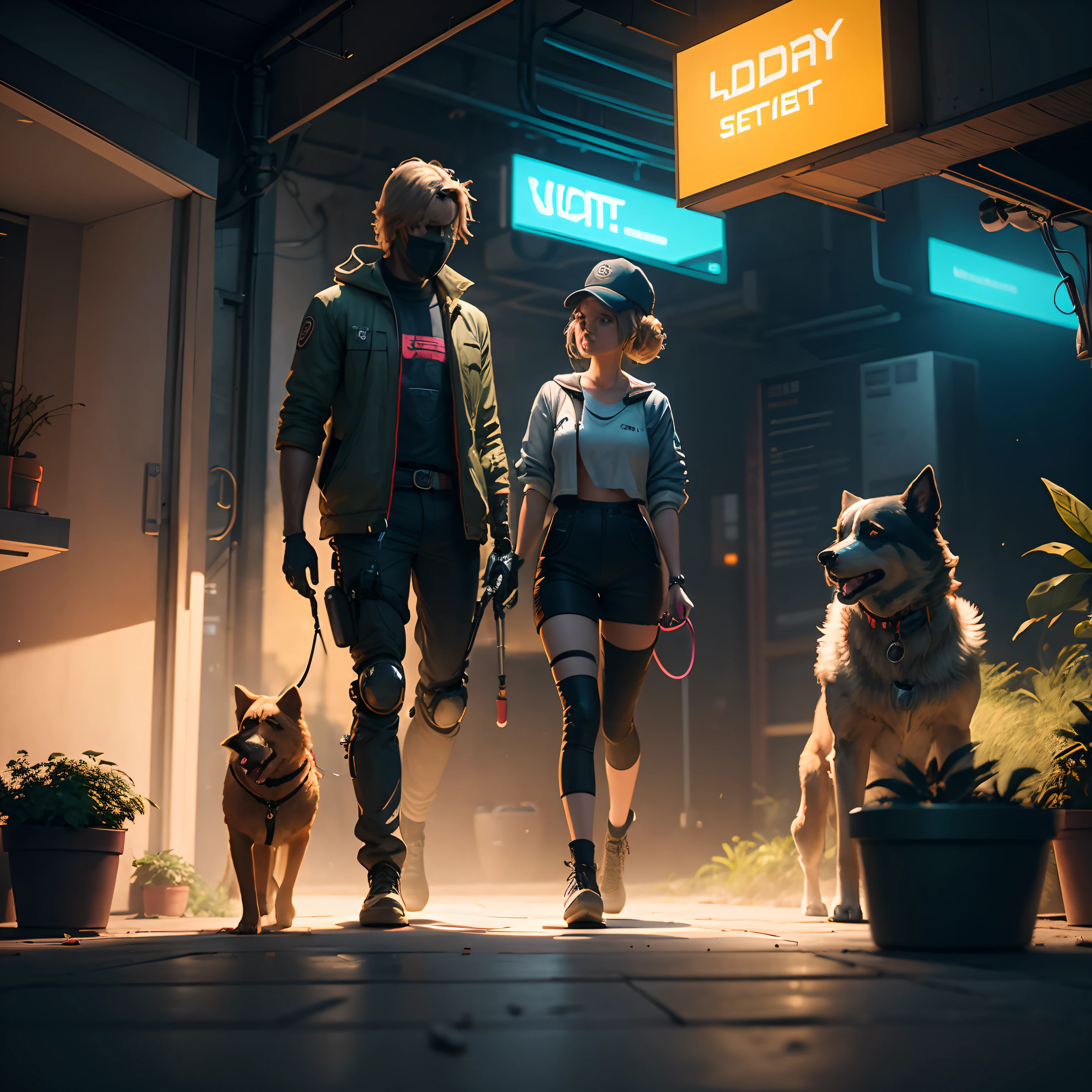 Generates a high-quality dystopian comedy movie movie movie shows a robot talking to a person who is a gardener in the background a dog Golden plays with a robot dog,Neon Style, digital art