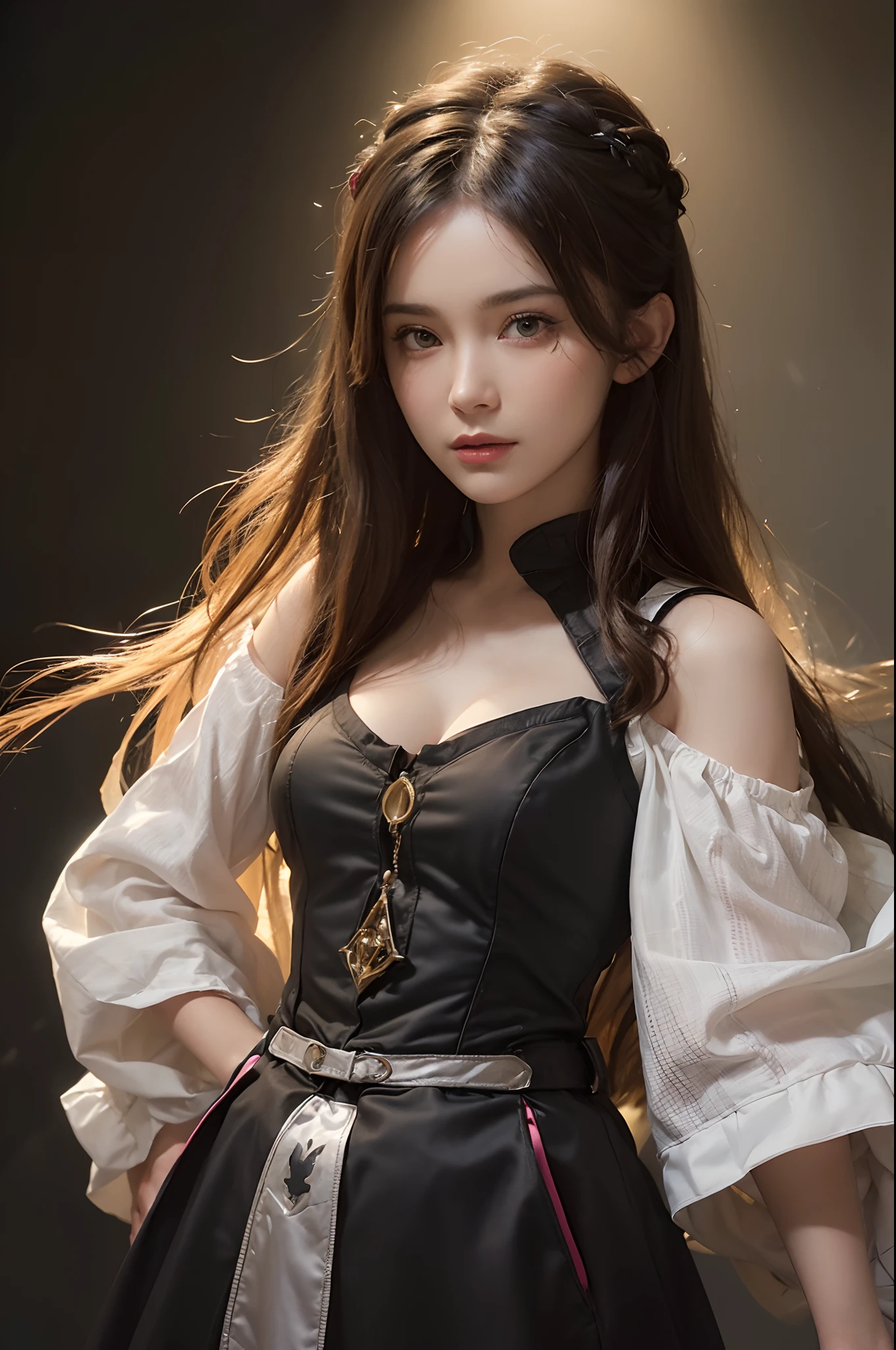 (front focus), (in the dark:1.6), Hyperrealist portrait of female by david hockney and alphonse mucha, fantasy art, photo realistic, dynamic lighting, artstation, poster, volumetric lighting, very detailed faces, 4 k, award winning, 1girl, in the dark, deep shadow, low key, cowboy shot, (official clothing:1.4), long hair, white hair