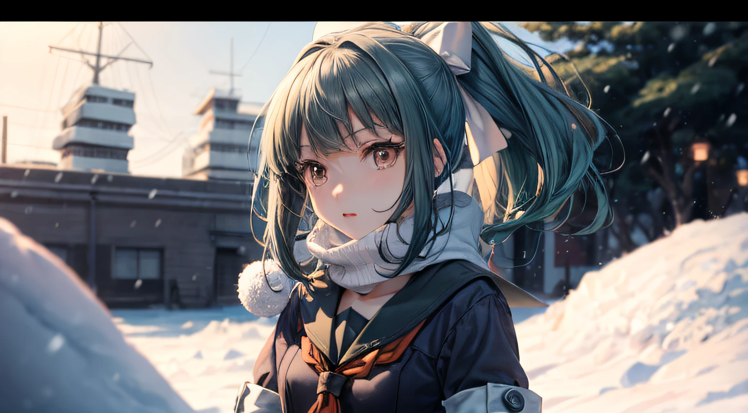 an anime girl、（poneyTail+White ribbon、a sailor suit、serafuku、Wrap a fluffy scarf around your neck、White knitted cardigan、Fluffy short boots）、 anime style 4 k, anime moe art style, Kantai Collection Style, Very beautiful anime girl, Anime 4K, Anime art wallpaper 8k, Background Main、Winter background、Yuki、It's snowing、Snow piles up、Feeling the cold、Chinese style illustration、avatar、Fantasia、detailed digital art、Beautiful、detailed portrait of an anime girl、