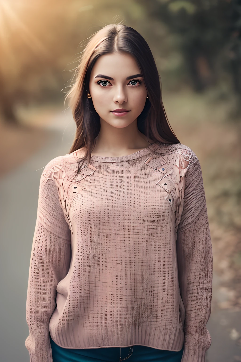 An impressive full-body color portrait of (woman: 1), (detailed face, complex details, pidona expression, , open brown eyes, sweet look, small, pink lips, light freckles on the face) wearing a delicate and romantic sweater, epic character composition, natural lighting, subsurface scattering, f2, 35mm, film grain