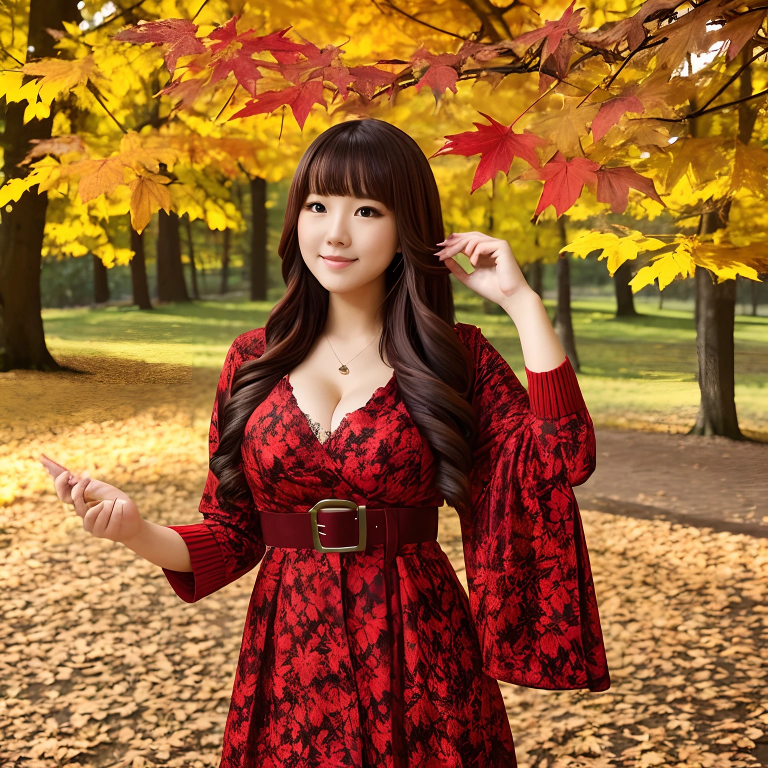 A tree with autumn leaves holding maple leaves with bright red leaves in their hands々Young woman in autumn clothes looking at, giga_busty, full body shot