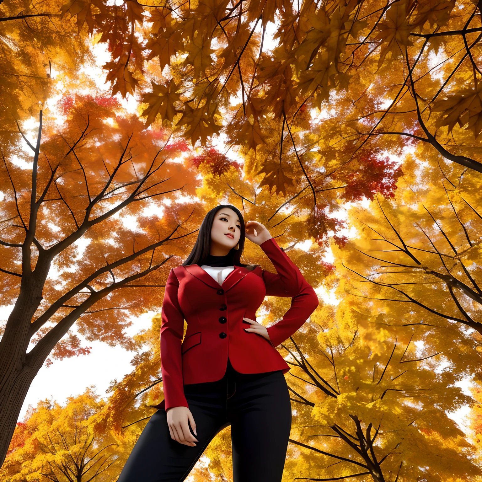 A tree with autumn leaves holding maple leaves with bright red leaves in their hands々Young woman in autumn clothes looking at, giga_busty, full body shot