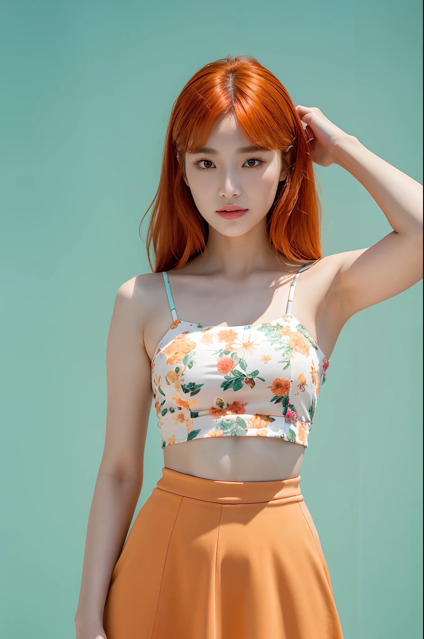 a woman in a floral crop top and mint skirt posing for a picture, croptop, crop top, bralette, wearing white camisole, bae suzy, wearing a camisole, physical : tinyest midriff ever, gorgeous young korean woman, heonhwa choe, cutecore, lulu chen, reluvy5213, light orange hair