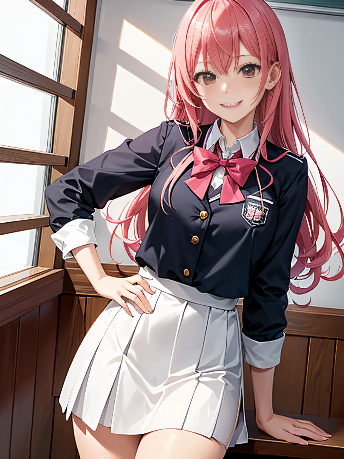 Ultra High Resolution, 16 K, ((masutepiece)), ((Best Quality))), ((super detailed)), girl with, Long pink hair, High School Uniform, Smile, In the classroom