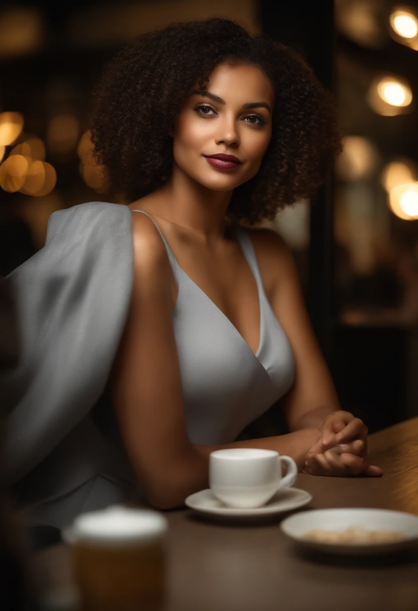 Photo brute, (effet large:1.2), afro-american:1.3, detailled eyes:1.1, DSLR, softlighting, (cheveux noirs:1.1), sitting in an office with a cup of coffee, Photo of Belle fille métisse, attractif, A mixte -peau de race, tatouages et piercings, Grose poitrine, Photo dans le bureau assise , curly hair, High detail, mise au point nette, dramatique, Real photo of a beautiful 22 year old mixed-race girl, Huge-breasts, charme, realistic skin, realistic face, sauvage, en forme, extase (beautiful detailed  eyes), (beste-Qualit), (super detailed), (face detailed), (pose dynamique), Canon EF 85mm f/1.2 L II USM, A woman sitting with her coffee in a restaurant, with a white jacket and red lips, Focus sur l'expression du visage, sitting in a Parisian café, photo-realistic, ultra-realistic, ((Realistic natural skin texture)), sourire, jeune fille de belle et souriante 2 ans, longs cheveux noirs, seductive face, sparkling eyes, Well-dressed woman, (décolleté), Specificities (Textures ! , cheveux! , briller, couleur!! , beste-Qualit, Grumeleux, ultra fou, natural lighting, pose dynamique, Hyperrealistic, realistic lighting, high contrast, Perspective dramatique, thin very curved eyebrows ,Regarder le spectateur, Mensonge immense sourire, ((peau claire,):1.4), gros seins, objectif zoom 200 mm f/1.4 (photoreallistic:1.2) (Bokeh) (beste-Qualit) (detailed skin:1.3) (intricate high detail) (8k) (Hdr) (Film analogique) (Canon D5) (Kinematic lighting) ( mise au point nette), Perspective dramatique, natural lighting, volumetric shading, pose dynamique, Hyperrealistic lighting, Realstic, portrait, femme attrayante, African-American girl, gros seins naturels, grosses hanches, gros cul, (grain du film:1.1) , (Dressed in a silver satin dress, sans manches:1,3)), (Silver satin dress), (Very heavy dimples) Souriant, Portez un haut de designer (very heavy bust),(les seins et les vagins sont visibles, Seins naturels gigantesque