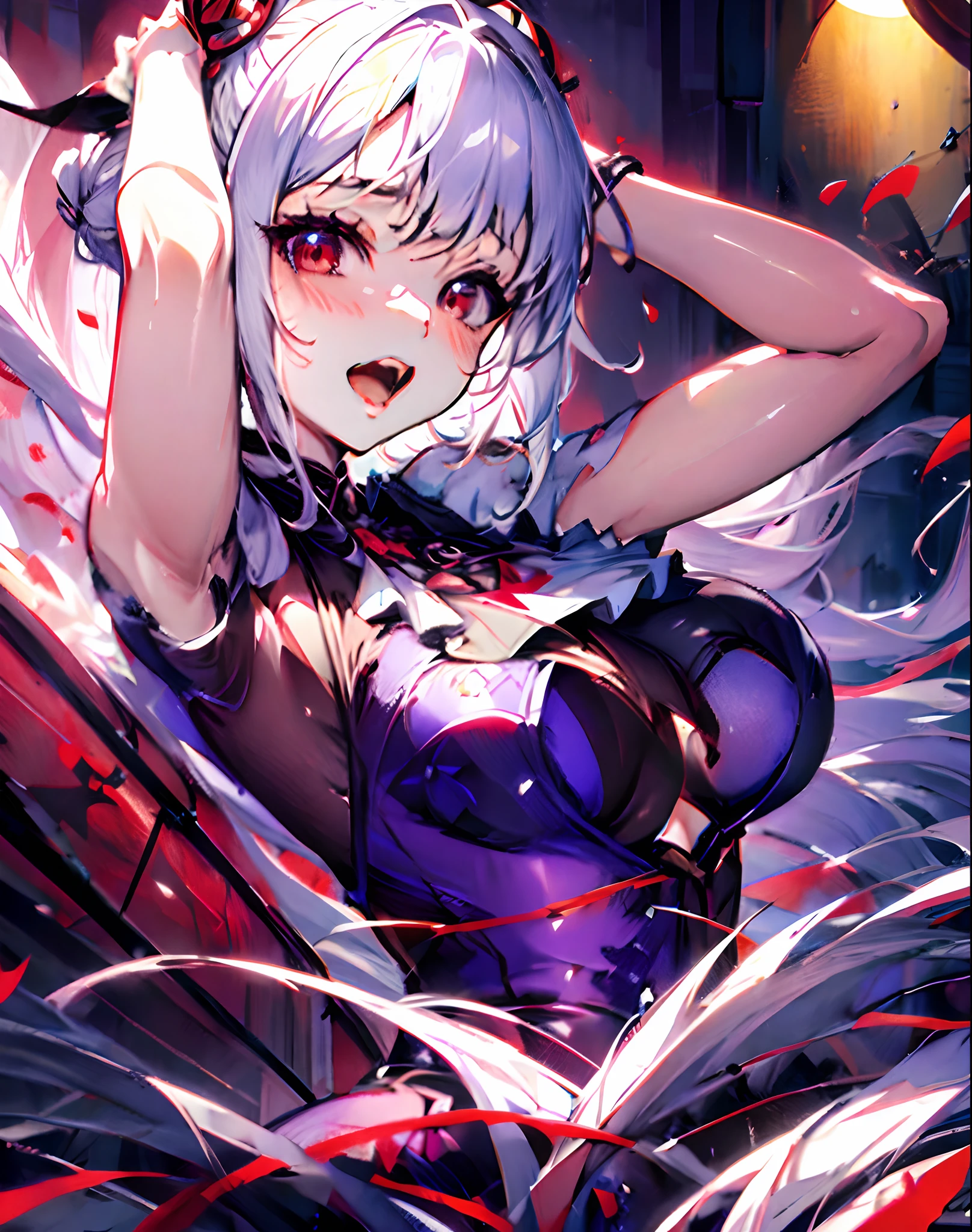 Cure happiness,  skirt,  Wrist cuff, shorts under skirt, boots, corruption, Hollow Eyes, Half closed eyes, Wicked Smile, There are no students, Crazy Smile, Open your mouth, girl２people,Blue and red accents， Dark Magical Girl,Black costume,Large Breasts（Huge breasts:1.8)