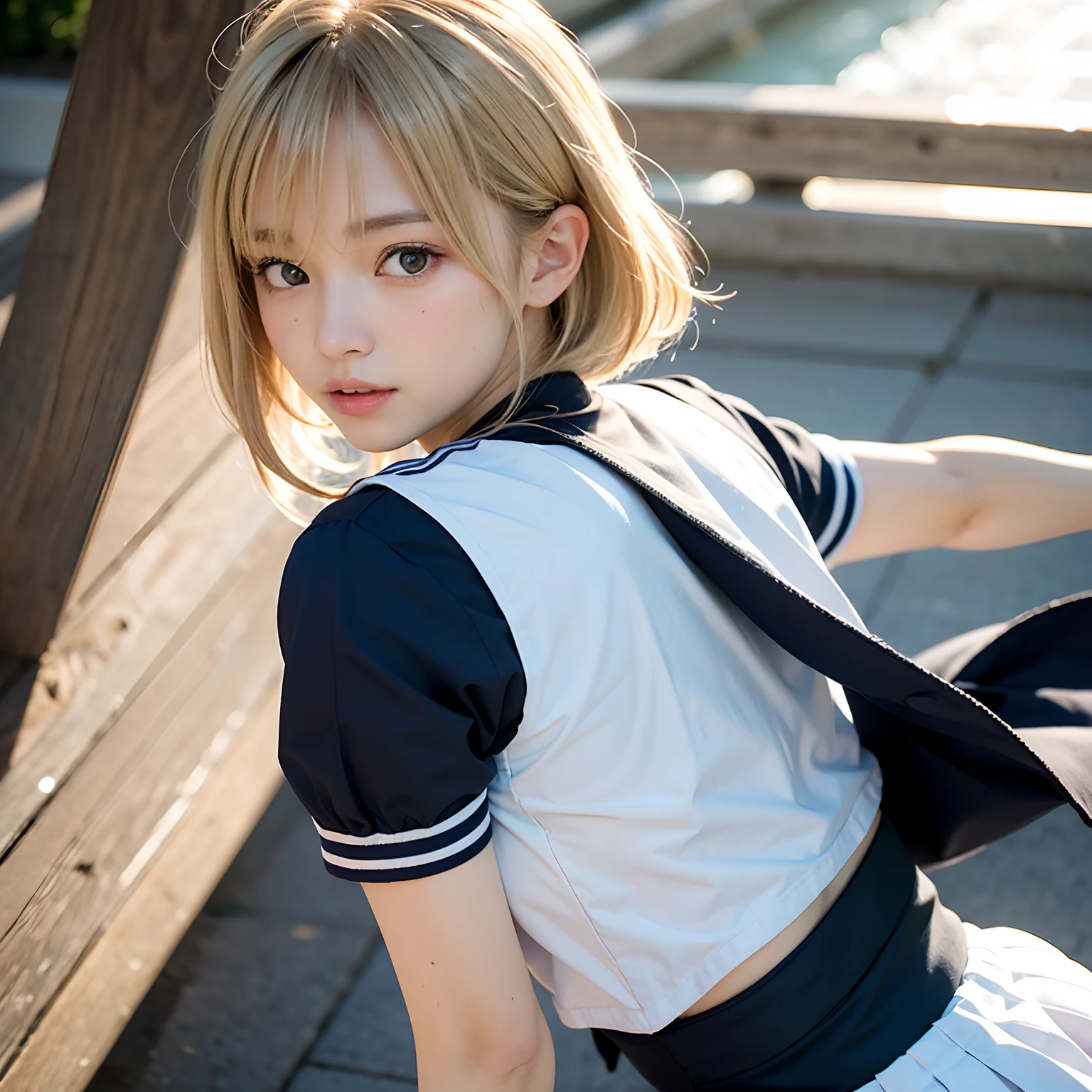 (masutepiece, Best Quality:1.2), 8K, Official art, Raw photo,Angle from directly below、Taken from directly below、Jumping、White panties 、Full Bord Bill Four、cute butt、e litrl s、Skirt flutters、skinny、14years、uievable Ridiculous, (Upper body, 校服、No sailor suit:1.4), Beautiful Girl, Pretty Face, arching back down,、a blond、Natural jumps、Sailor Suit, Short sleeve, violaceaess, Teen, Looking at Viewer, Film grain, chromatic abberation, Sharp Focus, face lights, Dynamic lighting, Cinematic lighting, Eyes and faces with detailed, Bokeh background,