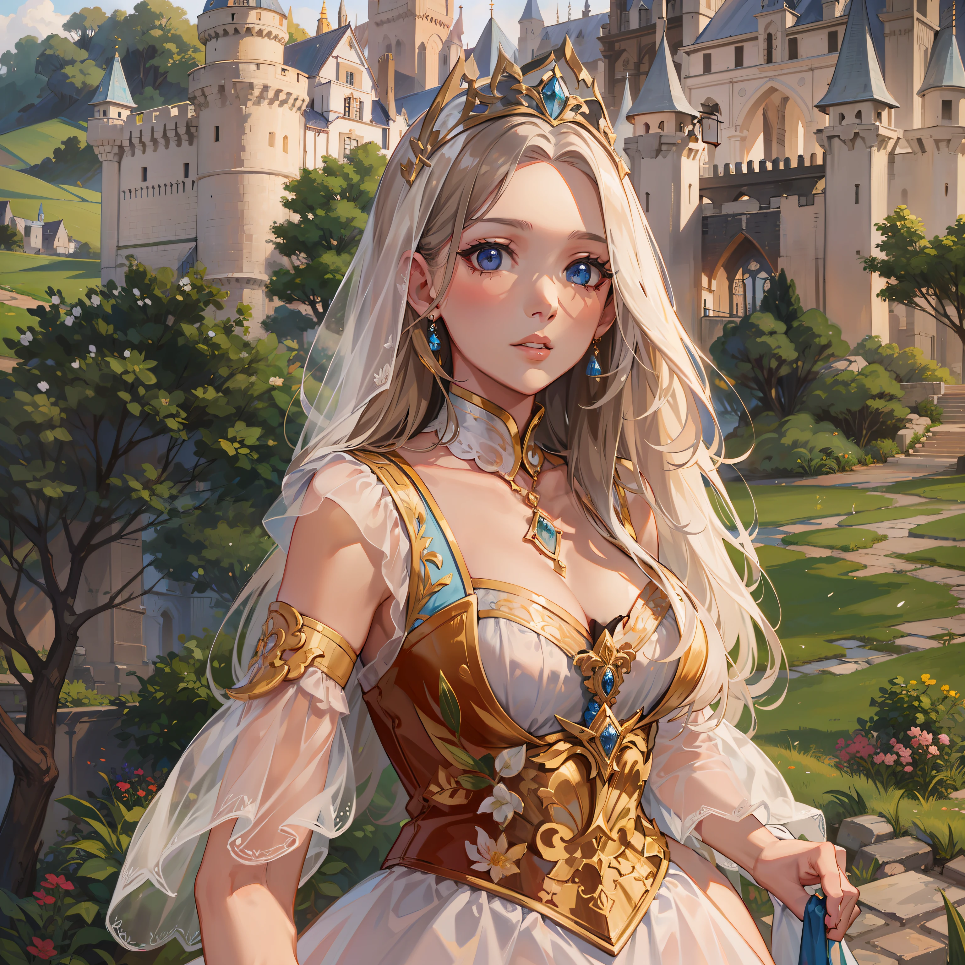 Uma mulher, princesa, roupas medievais, castelo ao fundo, alta qualidade