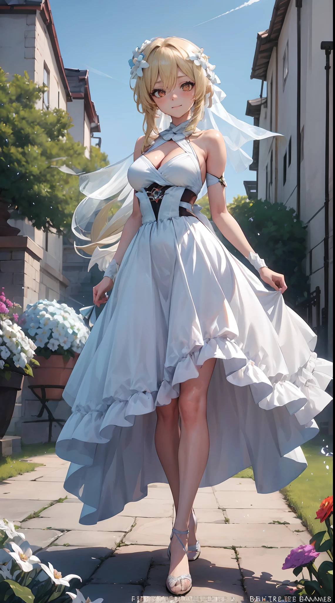 Lumine | genshin impact, master-piece, bestquality, 1girls,25 years old, proportional body, proportional., Wedding Dresses, White Wedding Dress, Long skirt, wedding, mediuml breasts, ,bara, Standing in the middle of a flower garden, outdoor, wedding, The sky is beautiful, Both hands hold a bouquet of flowers........, View viewers from the front., Thigh strap, Head tilt, bored, 10, 10, HD, slight smile,