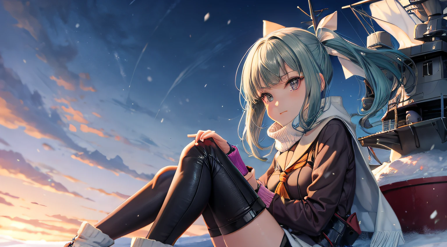 an anime girl、（poneyTail+White ribbon、a sailor suit、serafuku、Wrap a fluffy scarf around your neck、White knitted cardigan、Fluffy short boots）、 anime style 4 k, anime moe art style, Kantai Collection Style, Very beautiful anime girl, Anime 4K, Anime art wallpaper 8k, Background Main、Winter background、Yuki、It's snowing、Snow piles up、Feeling the cold、Chinese style illustration、avatar、Fantasia、detailed digital art、Beautiful、detailed portrait of an anime girl、