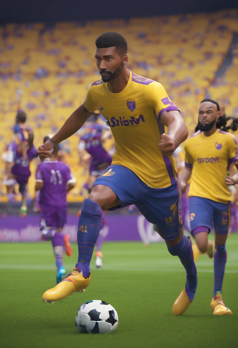 Equipe de futebol chamado DINAMO nas cores Amarelo e roxo , uniformes com jogadores usando , Stadium for 80.000 pessoas