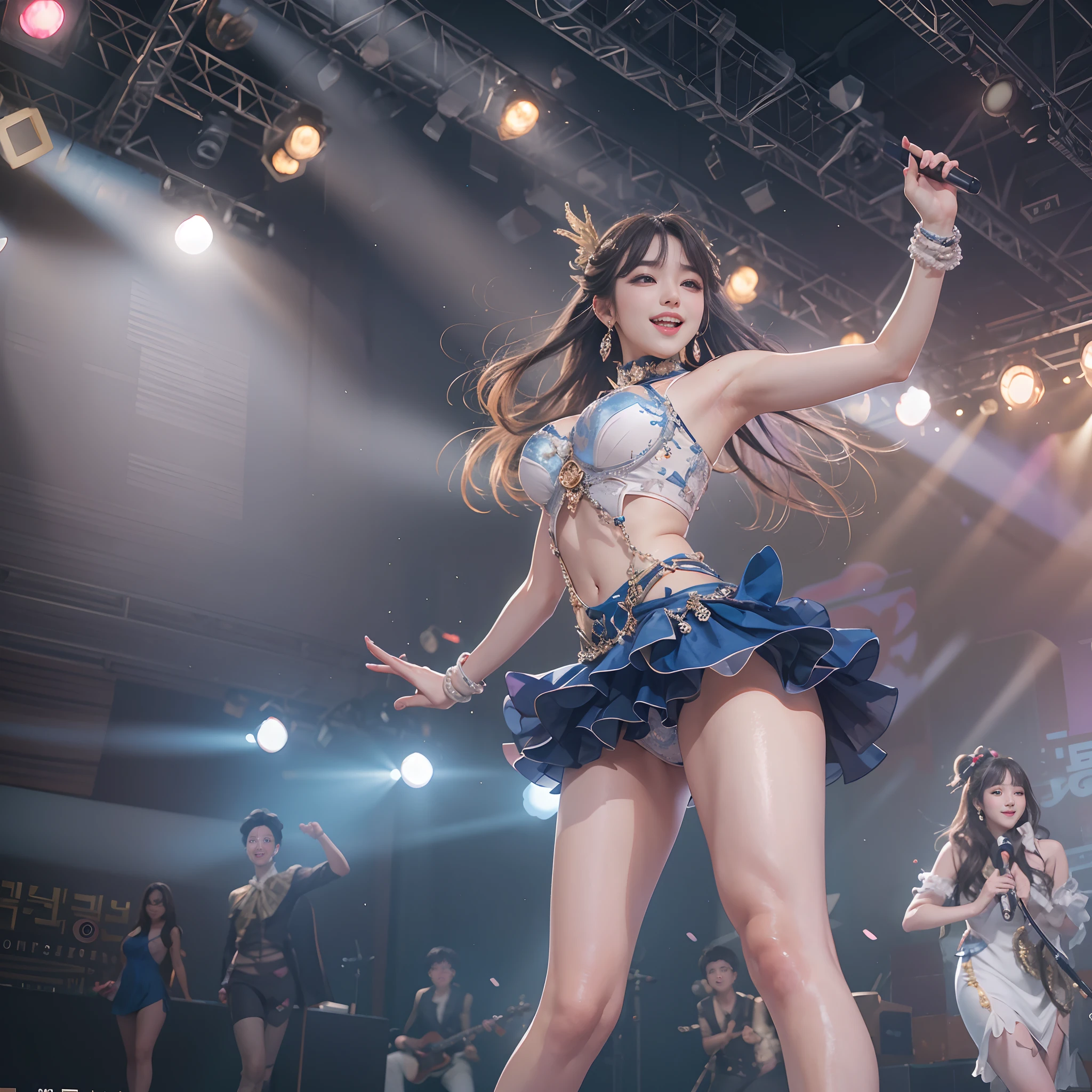 8k, highest quality, high resolution, realistic, real person, live stage with a large audience, one girl, young and cute korean idol, ((KARA)), big, long and beautiful legs, dancing violently in various poses while smiling on stage, holding microphone in hand, revealing gorgeous costume, beautiful light up