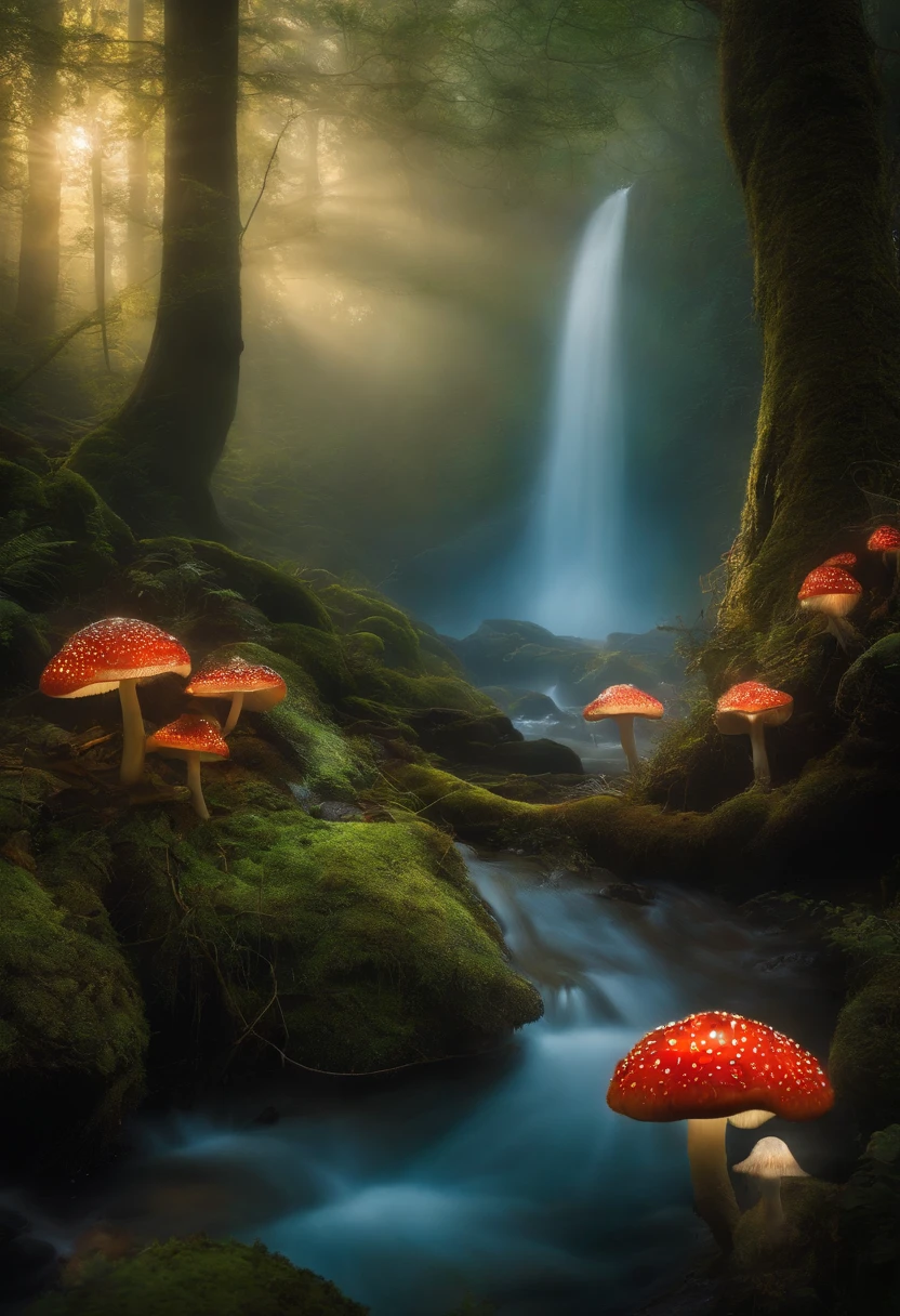 Enchanted forest,Magical creatures,Glowing mushrooms,Sparkling waterfalls,Fantasy,Leonora Carrington,The Dreamy Forest,Misty perspective,sunlight through trees