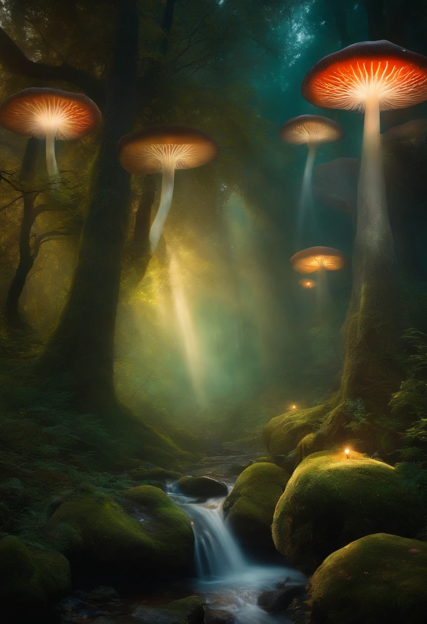 Enchanted forest,Magical creatures,Glowing mushrooms,Sparkling waterfalls,Fantasy,Leonora Carrington,The Dreamy Forest,Misty perspective,sunlight through trees