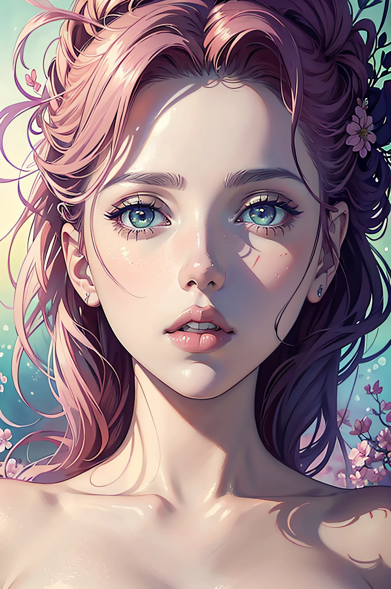 Scarlett Johansson in A botanical masterpiece in the style of Marco Mazzoni, detailed, hyper-realistic, front view, elemets of symbolism and surrealism, a painting by mse a attractive seductive Scarlett Johansson by agnes cecile, luminous design, pastel colours, ink drips, spring lights, intricate design, looking to the viewer intertwined, beautiful attractive seductive Scarlett Johansson, flowers, pastel, looking to the viewer, front view