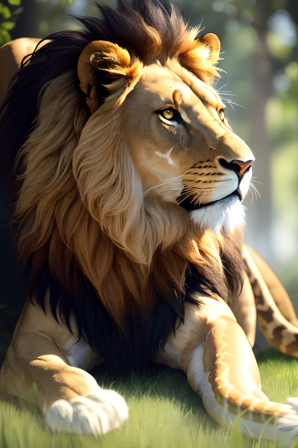 (best quality,4k,8k,highres,masterpiece:1.2),ultra-detailed,realistic,photorealistic:1.37,long tan snake,wrapping around the body of a strong and majestic male lion, piercing eyes of the lion staring directly at the viewer,HDR,UHD,studio lighting,extreme detail description,vivid colors,lush green grass surrounding the lion and snake,sharp focus,physically-based rendering,snake scales glistening in the sunlight,roaring lion with flowing mane,threatening yet regal presence,portrait,contrast of dark and light,bright warm lighting enhancing the natural tones and textures of the lion,restrained color palette with hints of gold and emerald green,colored rim light accentuating the lion's features,slithering motion of the snake winding in an elegant curve,creating a sense of tension and power,impressive scale and size difference between the lion and the snake,astonishing details of facial expression and muscle definition,texture of the lion's fur and the snake's skin painstakingly captured,atmospheric depth and volume,bringing the scene to life with its three-dimensional quality,creating a mesmerizing scene that embodies the strength and beauty of nature.