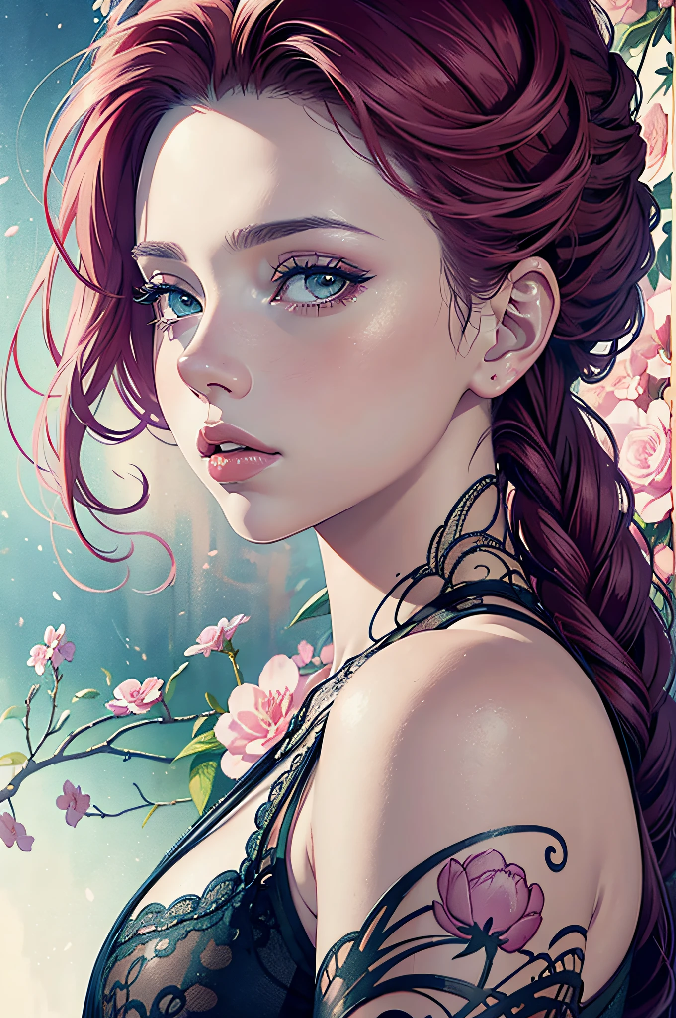 Scarlett Johansson in A botanical masterpiece in the style of Marco Mazzoni, detailed, hyper-realistic, front view, elemets of symbolism and surrealism, a painting by mse a attractive seductive Scarlett Johansson by agnes cecile, luminous design, pastel colours, ink drips, spring lights, intricate design, looking to the viewer intertwined, beautiful attractive seductive Scarlett Johansson, flowers, pastel, looking to the viewer, front view