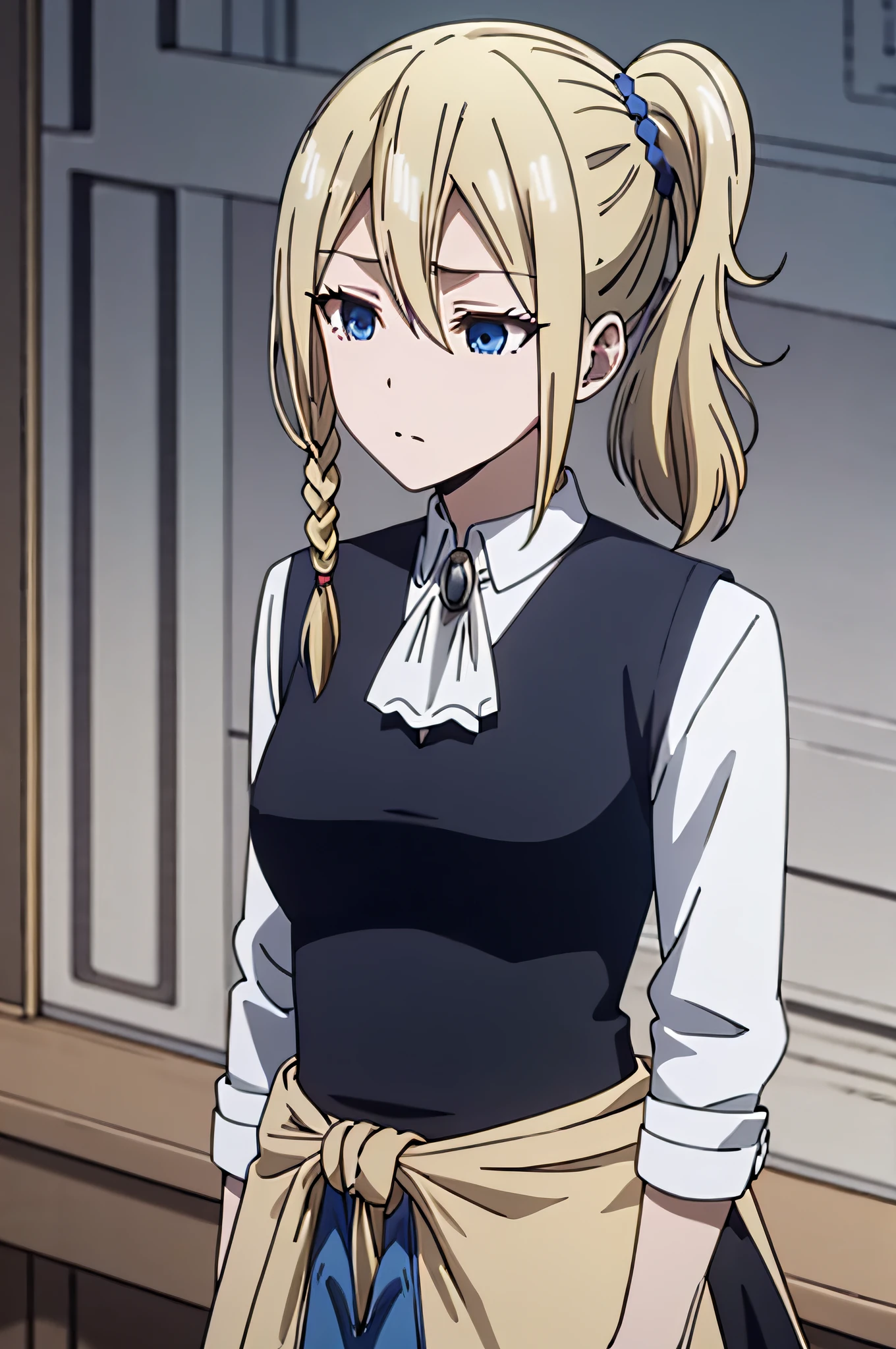 blonde hair, blue eyes, side ponytail, scrunchie
blonde hair, blue eyes, long hair, single braid
serafuku, sailor collar, dark blue skirt
maid, long sleeves, black vest, (white apron:1.2), ascot
school uniform, cardigan around waist