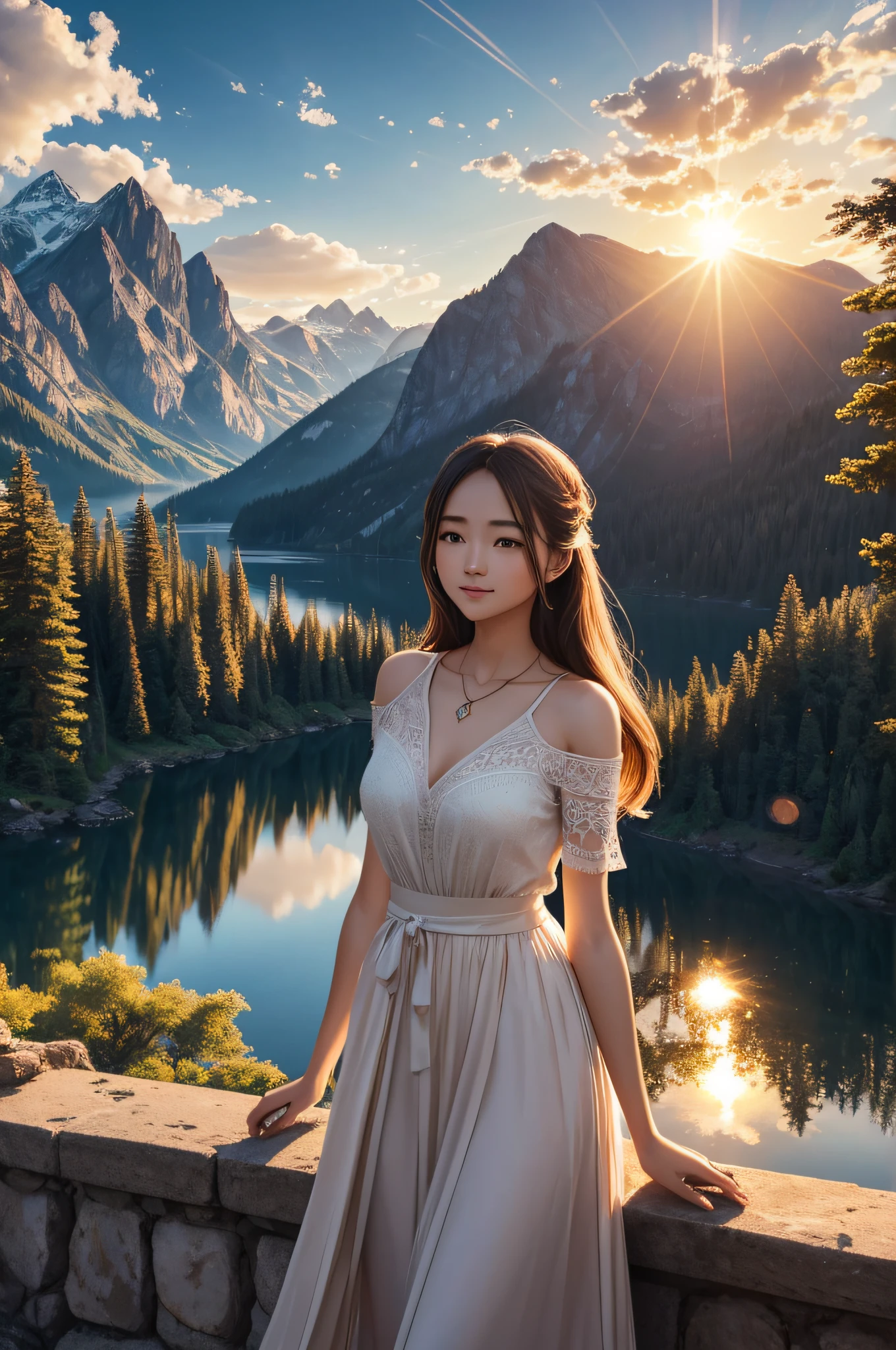 1 girl, happy expression, charming eyes, straight long hair, flowing skirt, big, looking at the sun, calm posture, porcelain-like skin, subtle blush, crystal pendant BREAK Golden Hour, (edge lighting): 1.2, cool colors, sun flare, soft shadows, bright colors, painting effects, fantastic atmosphere BREAK Scenic lakes, distant mountains, pine trees, mountain tops, reflections, sunlit clouds, tranquil atmosphere, idyllic sunrise, Ultra detailed, official art, unified 8k wallpapers, zentangle, mandala