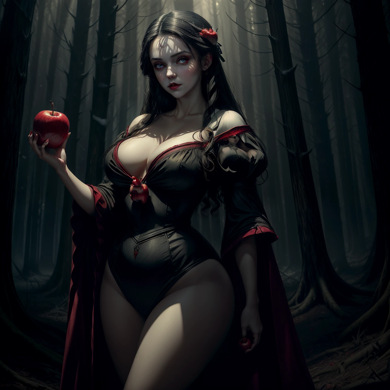 "(((masterpiece))), person as Snow White, wide hips, holding a red poison apple, forest, eerie atmosphere, dark shadows, dramatic lighting"