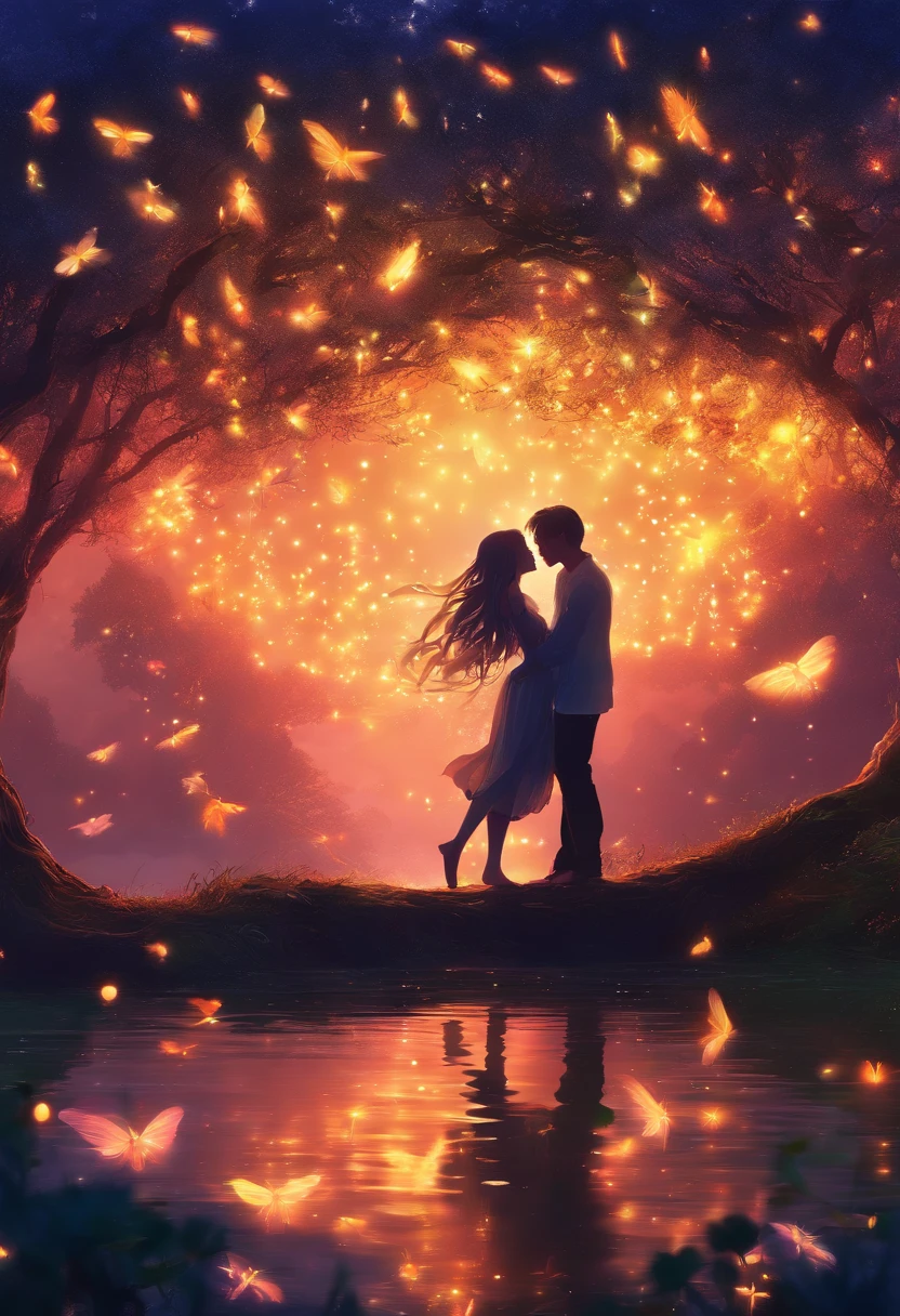 (masterpiece,4k,8k,wall-paper)、A lake with many fireflies、Fantasy world、Man and woman hug and try to kiss、Fantastic firefly lighting、Romantic view、Glittering lakes、Fantastic world