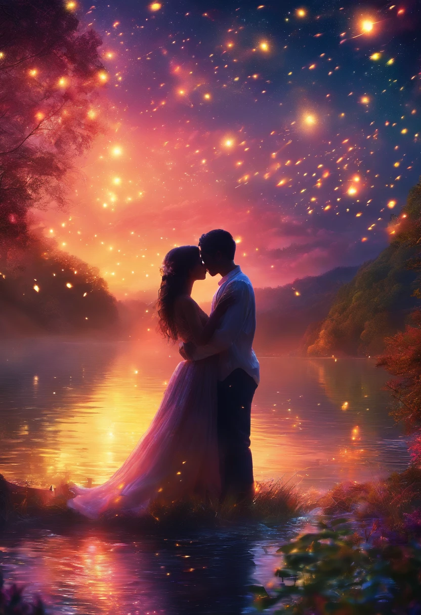 (obra-prima,4k,8K,papel de parede)、Um lago com muitos vaga-lumes、mundo da fantasia、Man and woman hug and try to kiss、Fantastic lighting of fireflies、Romantic view、Lagos brilhantes、Fantastic world