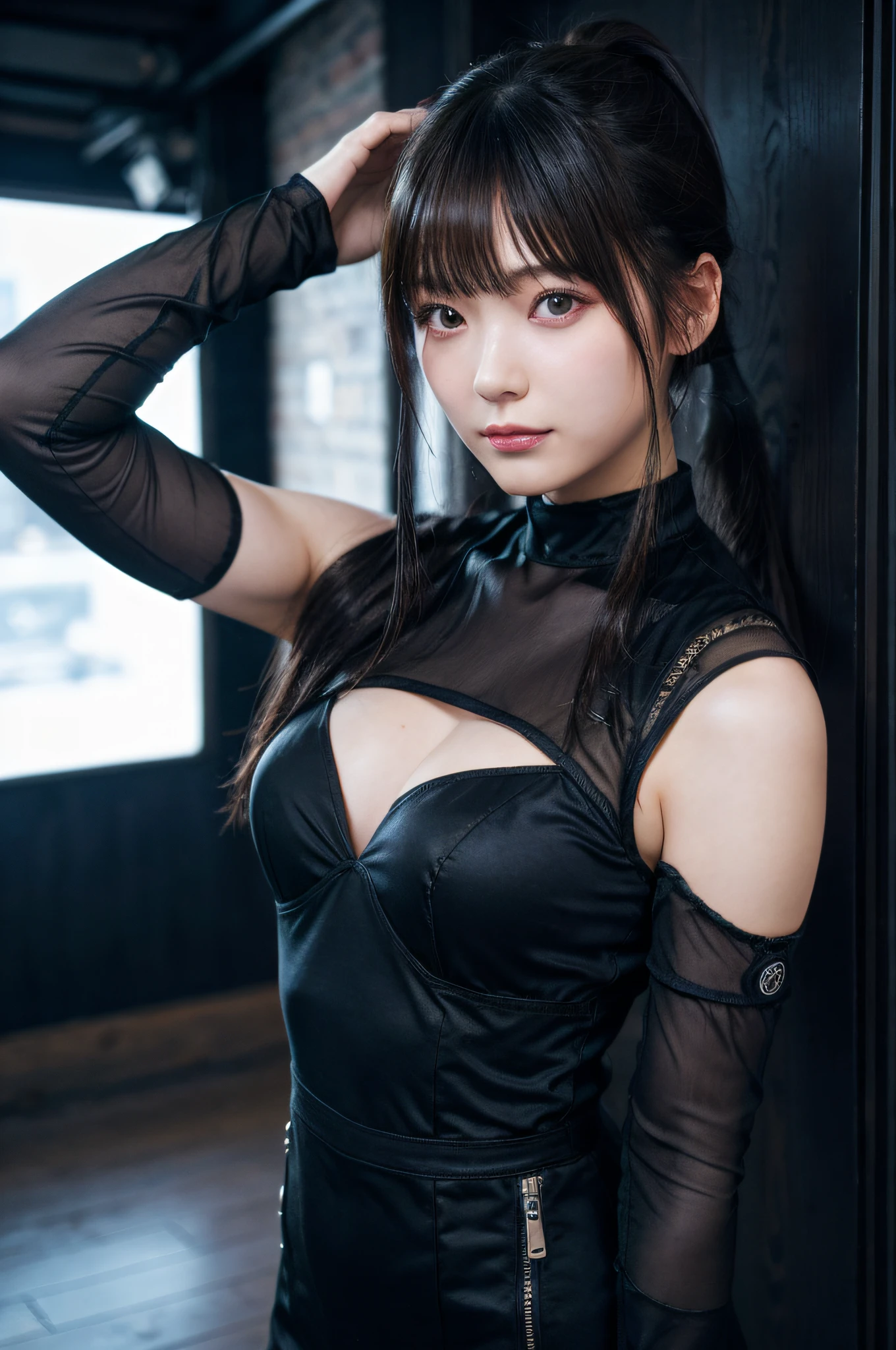 ((masutepiece)), ((Best Quality)), (Ultra-detailed), ((Extremely detailed)), 4K, (8K), Best Quality, (Beautiful), city, backstreet, Winters, Cute little girl s, 1girl in, Solo, Cyberpunk Battlesuit、The costume, poneyTail, Beautiful black hair 0, ((Beautiful eyes)), large full breasts,