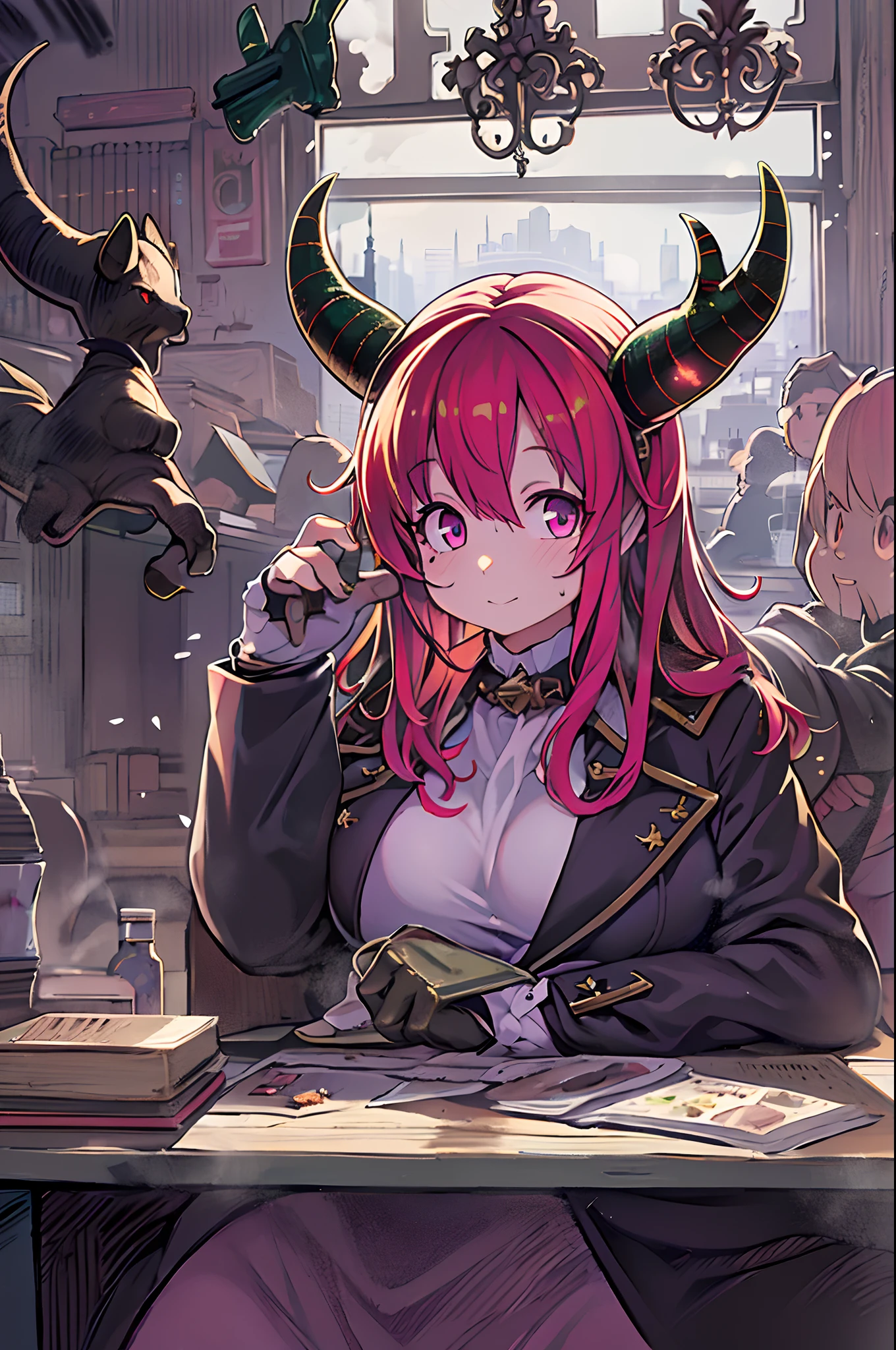 4K, 8K, masutepiece, Best Quality, Upper body, 1girl in, Looking at Viewer, Red hair, Medium Hair, Purple eyes, Demon Horns, Black coat, Indoors, The dim, The age of the actress is 23 years, Open bust