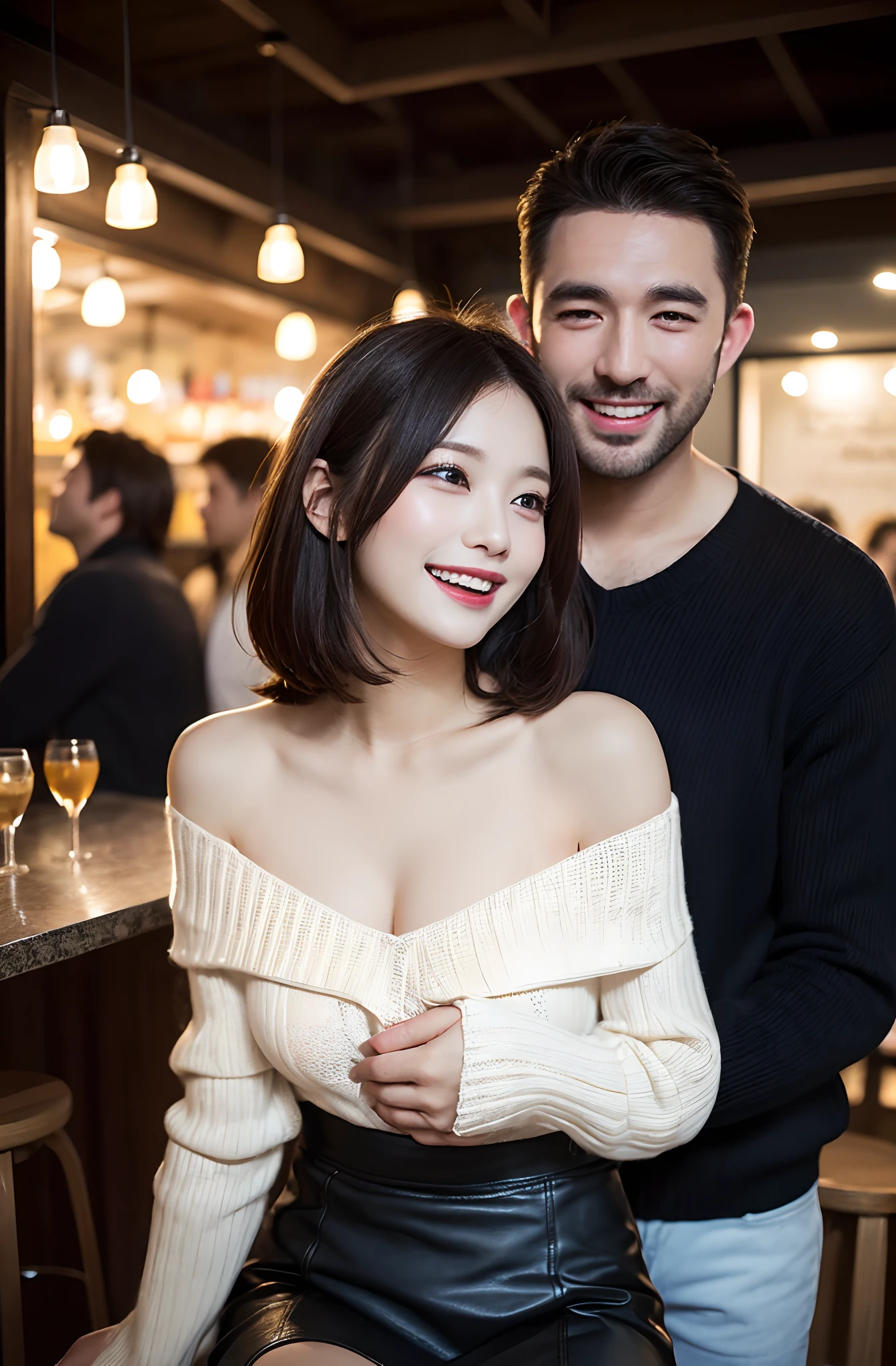 (two male、1 female:1.5)、(Man rubbing woman's breasts from behind:1.6)、(masutepiece:1.5)、(top-quality:1.5)、(16k wallpaper:1.2)、(Photorealsitic:1.2)、(ultra-detailliert:1.2)、(超A high resolution:1.2)、super-detaild skin、Detailed and clean eyes、Sitting inside a bar at night、Natural Color Lip、(White off-shoulder knit:1.2)、Black leather miniskirt and knee-length boots、Opens mouth and laughs、Semi-long bob hair、large full breasts、cute smile face、(Crowd of men:1.3)、drinking cocktail、Focus on the chest