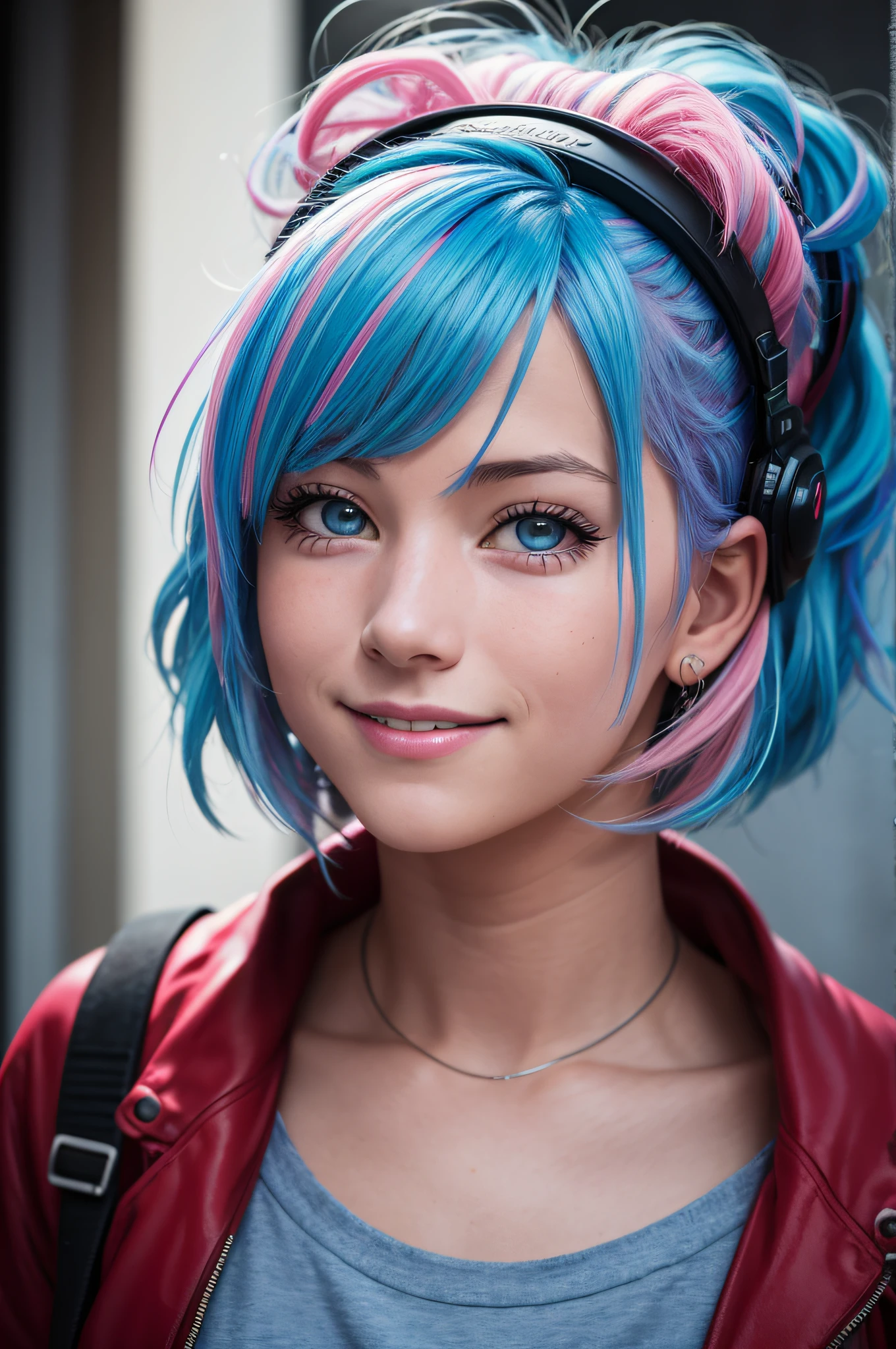 a close up of a kfukvf-1990, smiling, with blue and pink hair, a character portrait, inspired by Cindy Sherman, unsplash, red and cinematic lighting, portrait of a young teenage girl, fisheye portrait, XF35mmF1.4 R, ƒ/2.8, 35.0 mm, 1/200, ISO 500